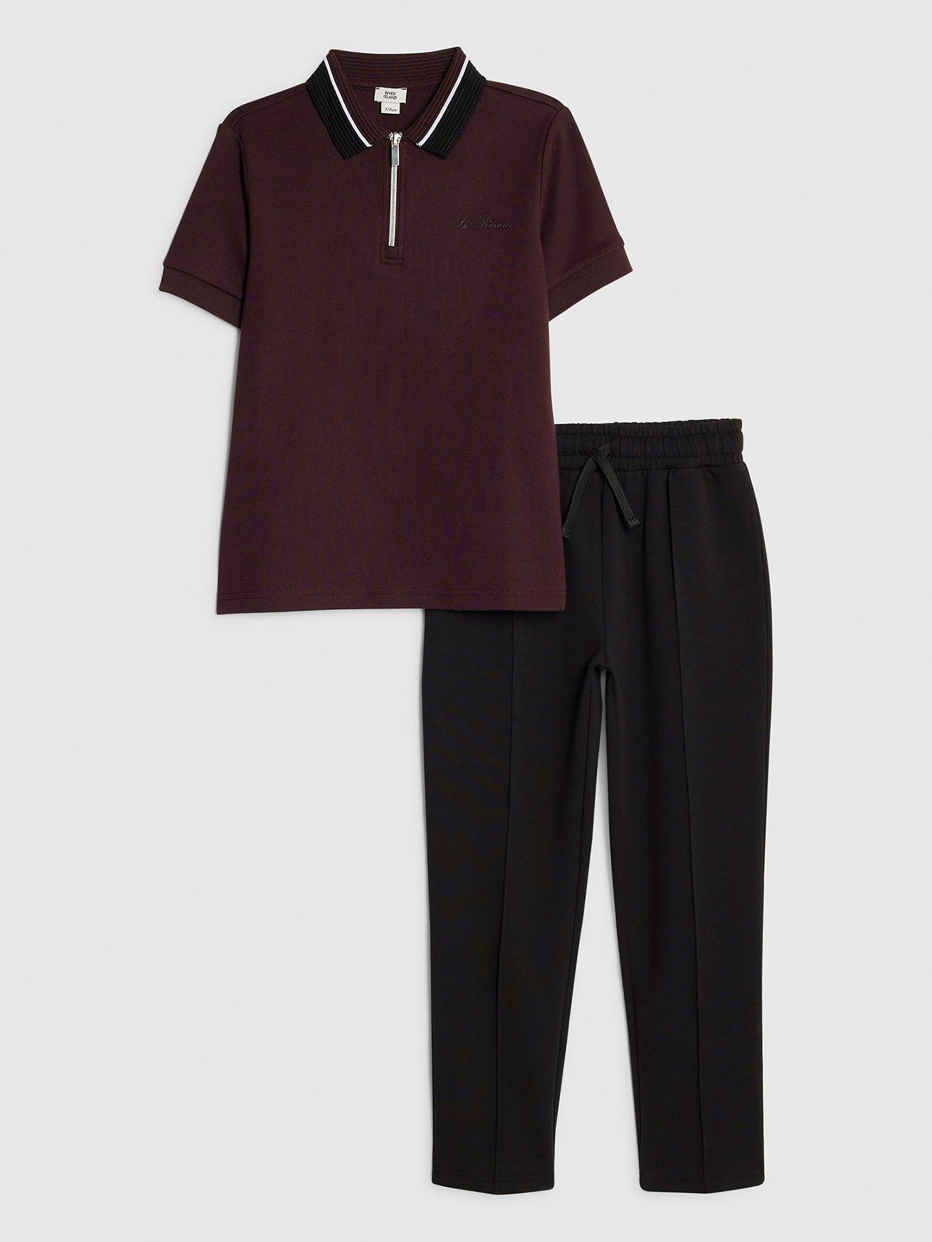 front image of river-island-older-boys-ottoman-collar-polo-shirt-set-dark-red