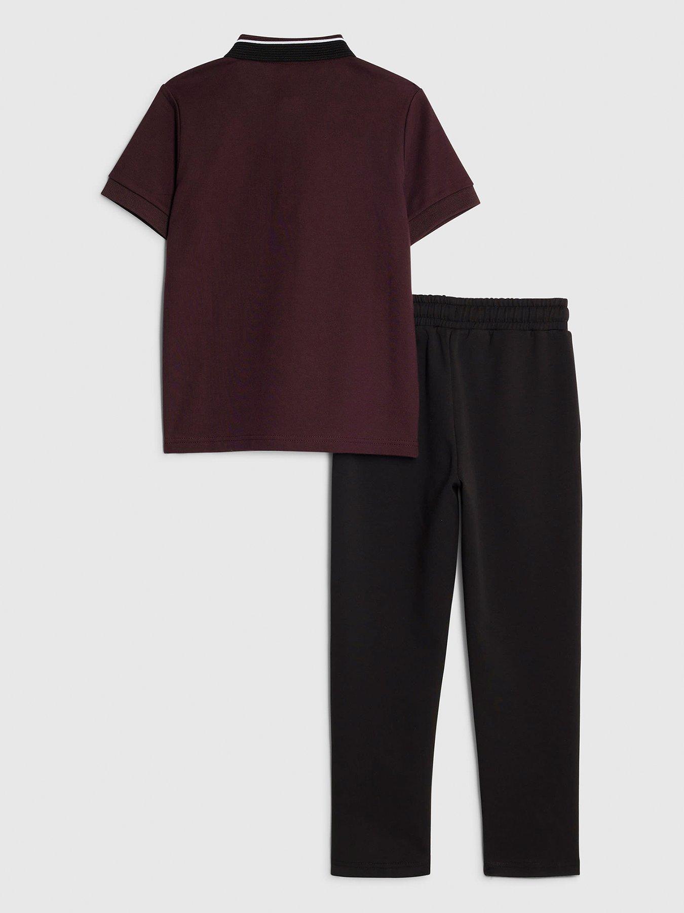 back image of river-island-older-boys-ottoman-collar-polo-shirt-set-dark-red