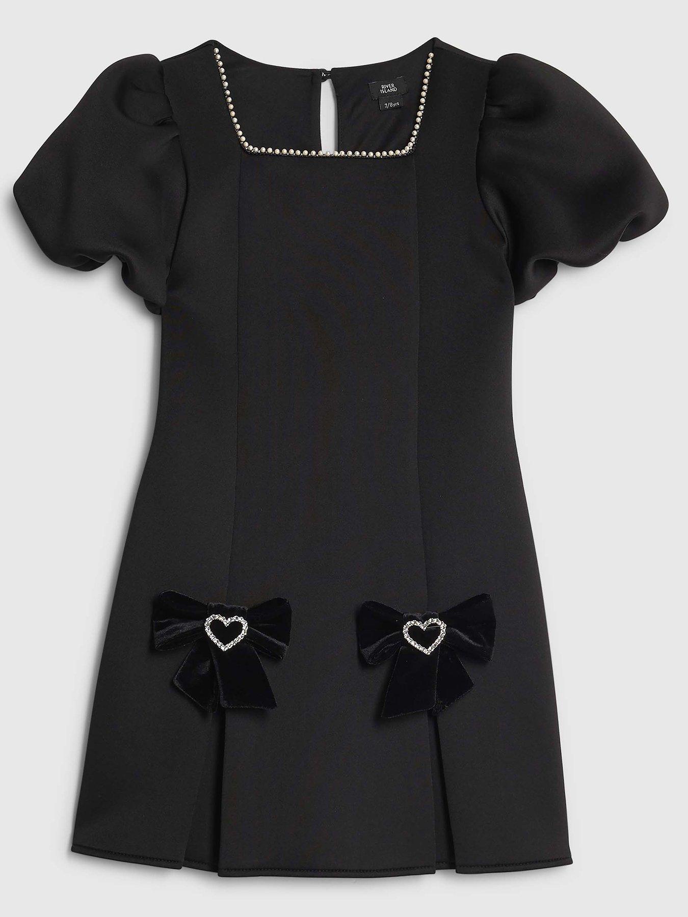 front image of river-island-older-girls-bow-hem-puff-sleeve-dress-black
