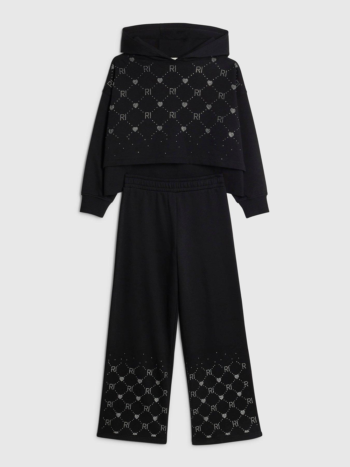  image of river-island-older-girls-embellished-hoodie-set-black