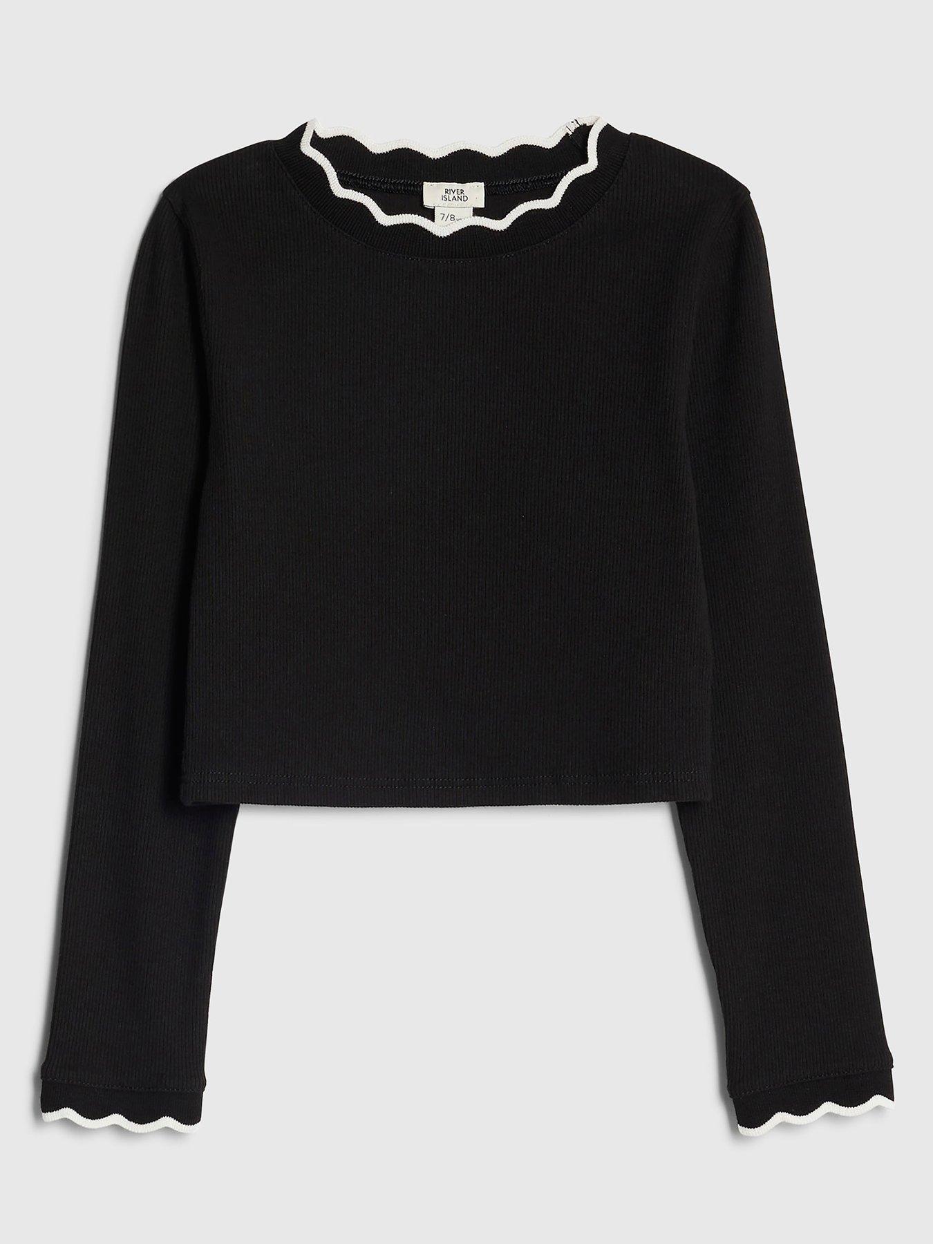 front image of river-island-older-girls-scallop-trim-long-sleeved-top-black