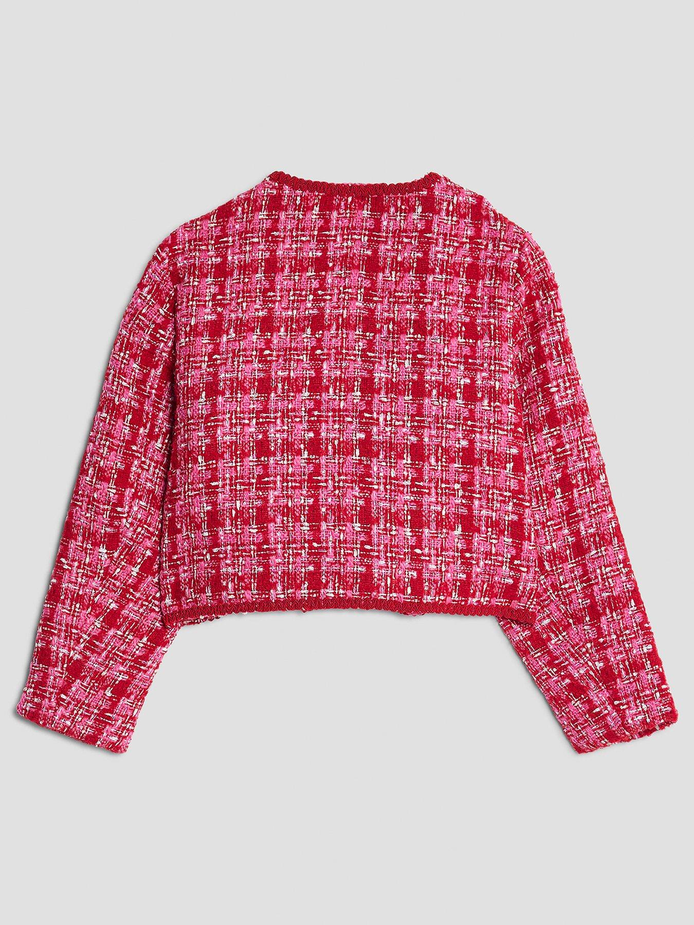  image of river-island-older-girls-boucle-heart-collarless-jacket-red