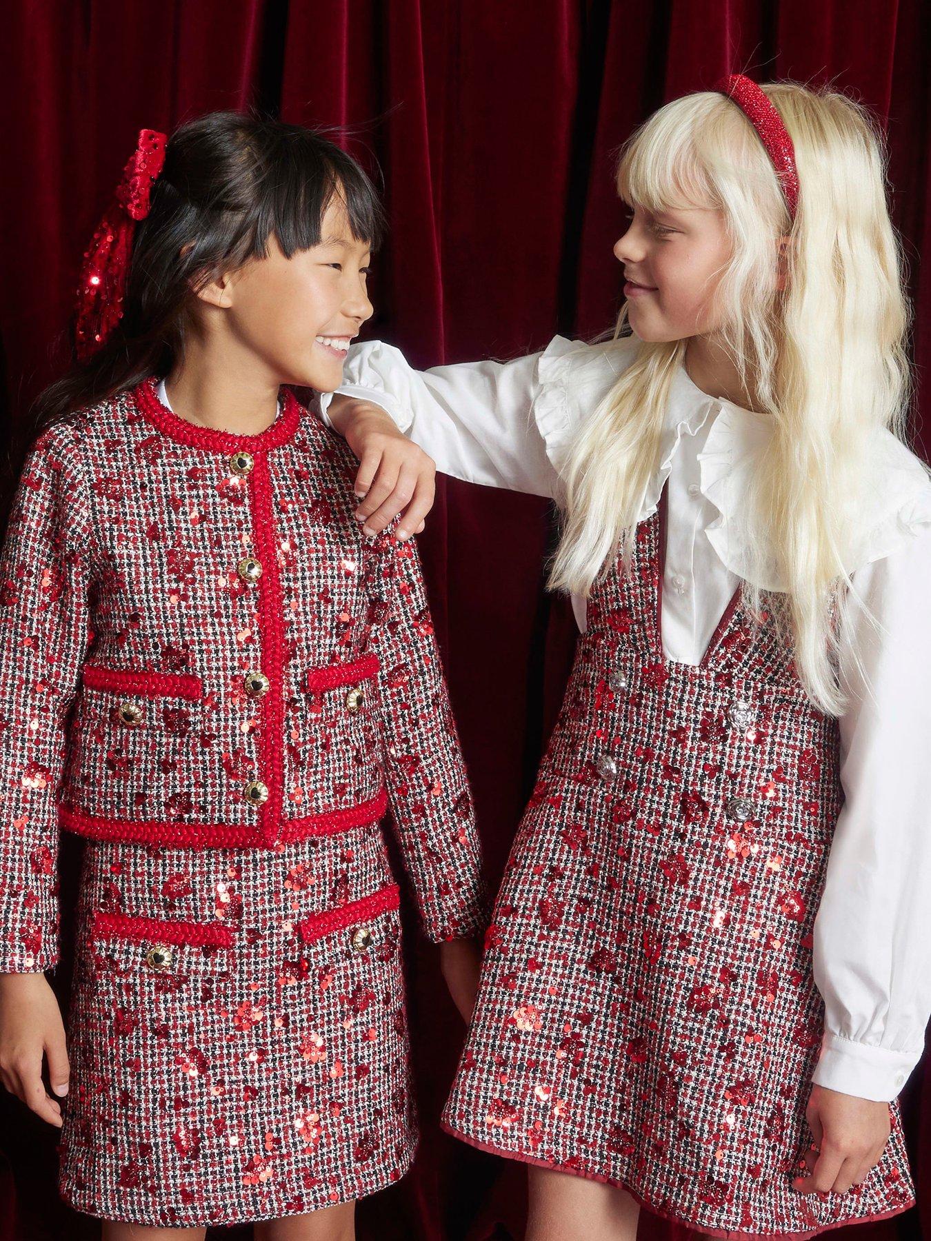 front image of river-island-older-girls-boucle-pinafore-shirt-dress-red