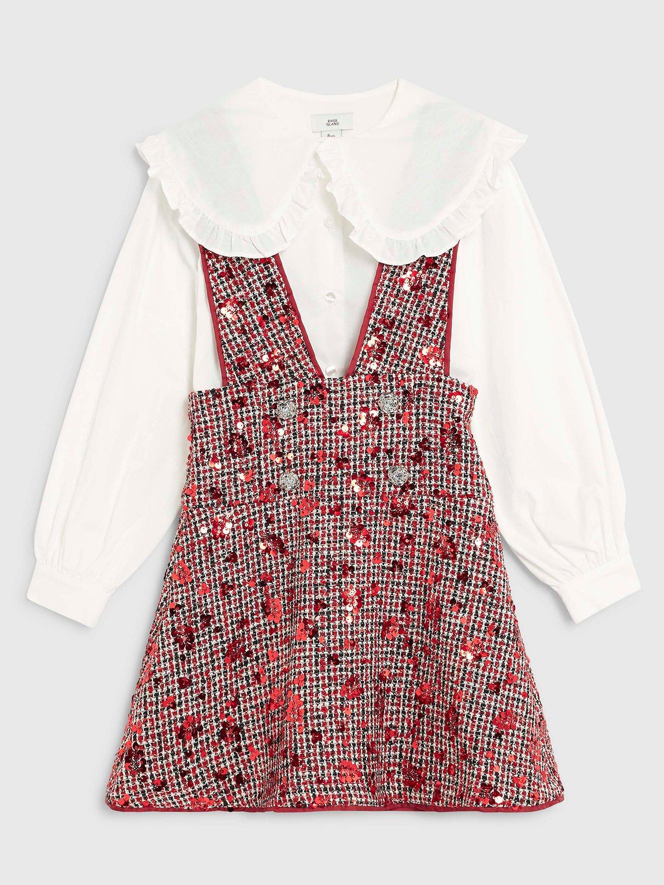  image of river-island-older-girls-boucle-pinafore-shirt-dress-red