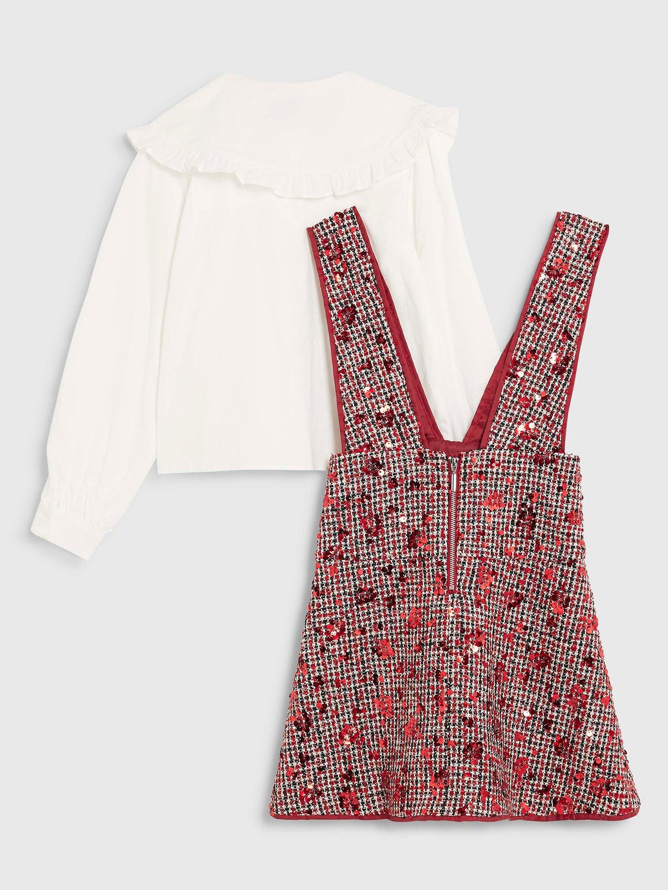  image of river-island-older-girls-boucle-pinafore-shirt-dress-red