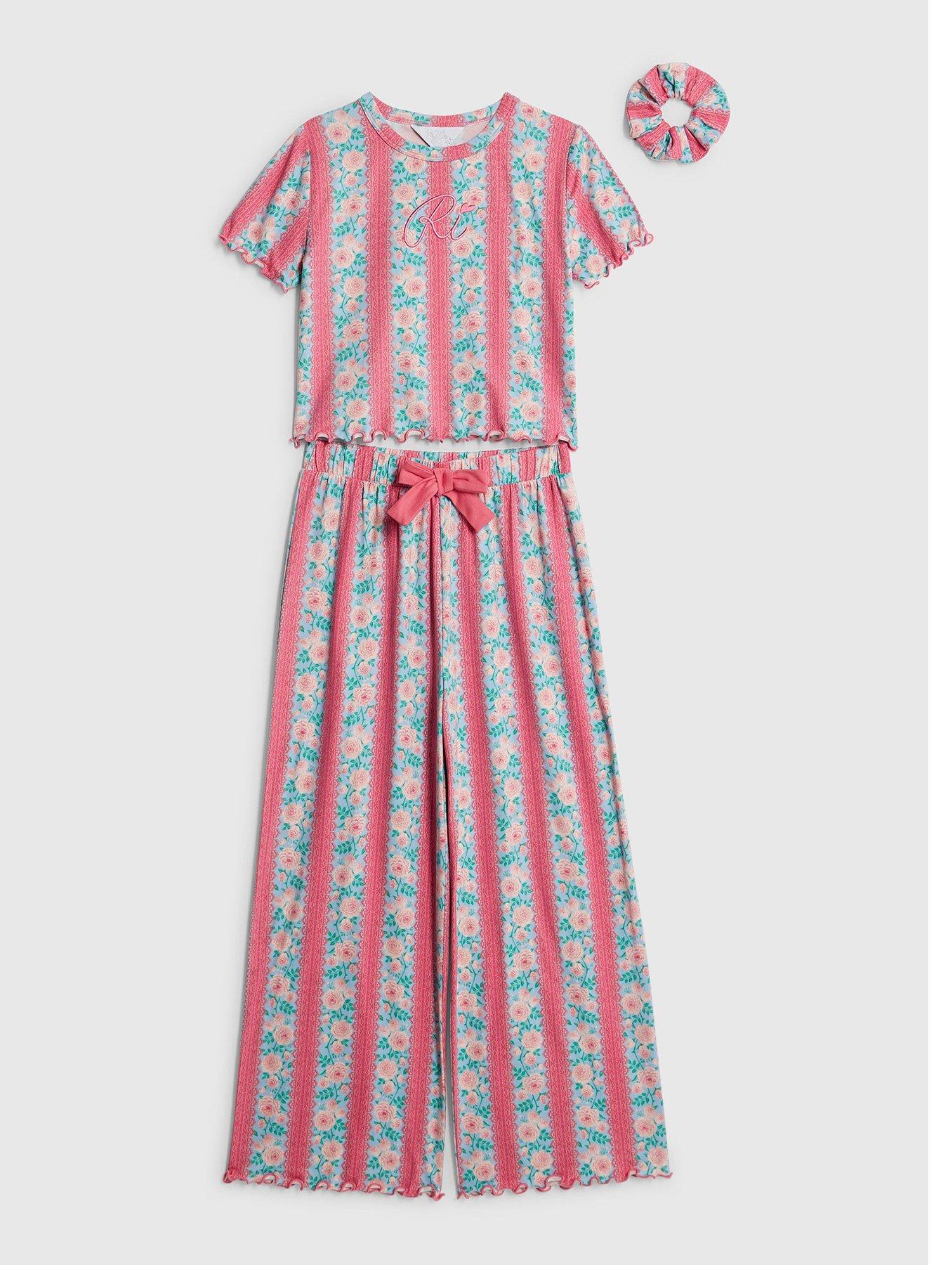 front image of river-island-older-girls-ditsy-floral-pyjama-scrunchie-set-blue