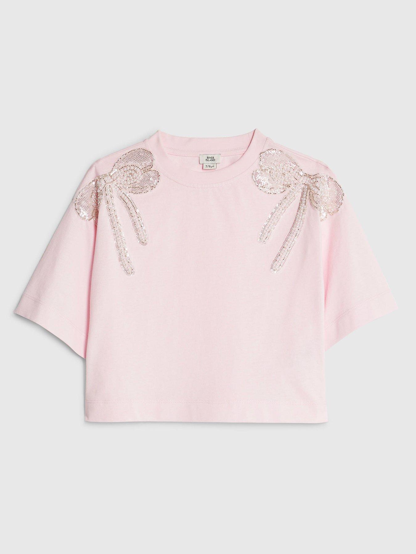front image of river-island-older-girls-embellished-bow-top-pink