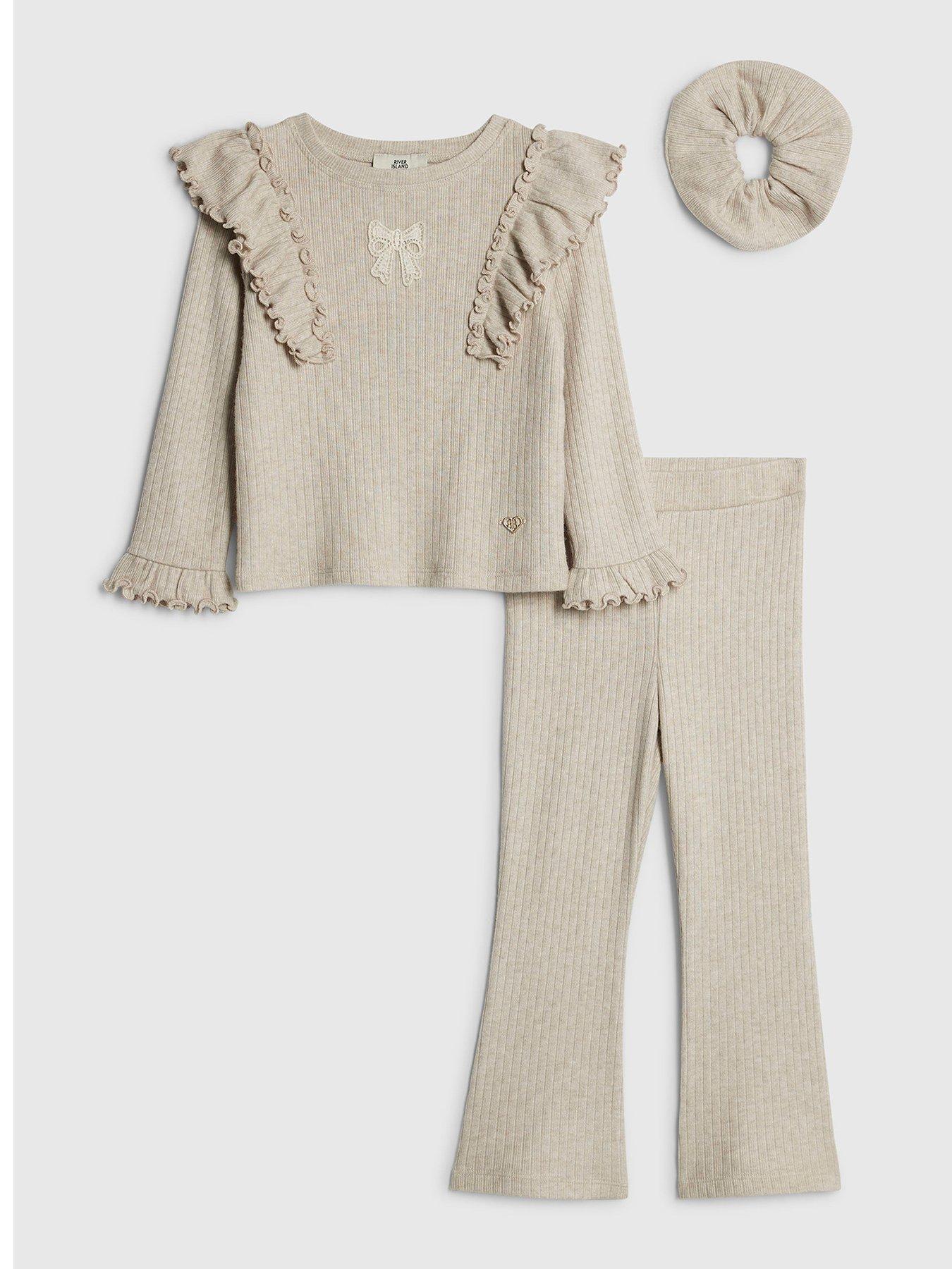 river-island-mini-girls-bow-frill-shoulder-top-set-beige