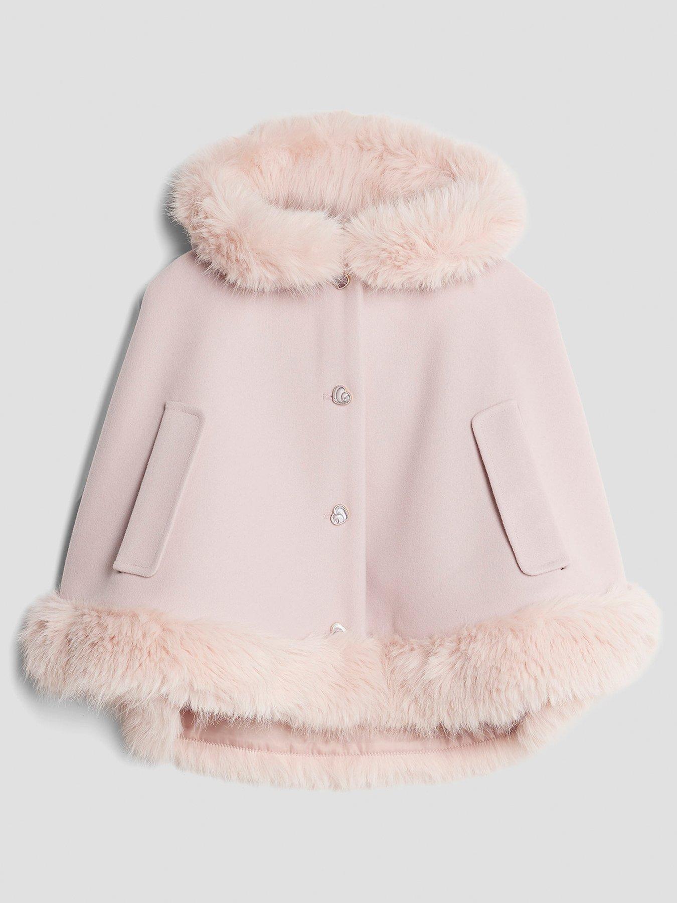 Image 1 of 4 of River Island Mini Girls Faux Fur Heart Button Cape - Pink