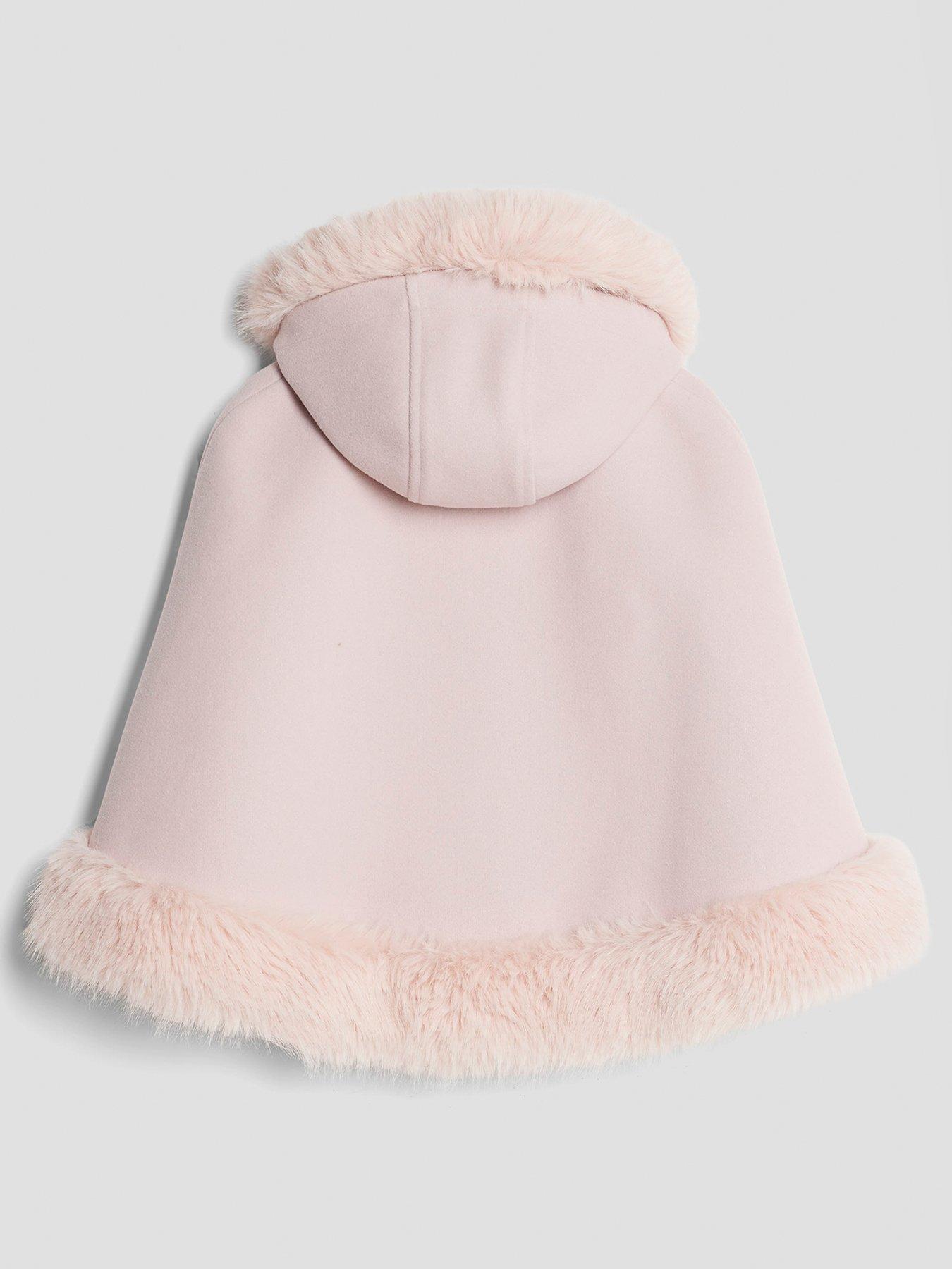 Image 2 of 4 of River Island Mini Girls Faux Fur Heart Button Cape - Pink