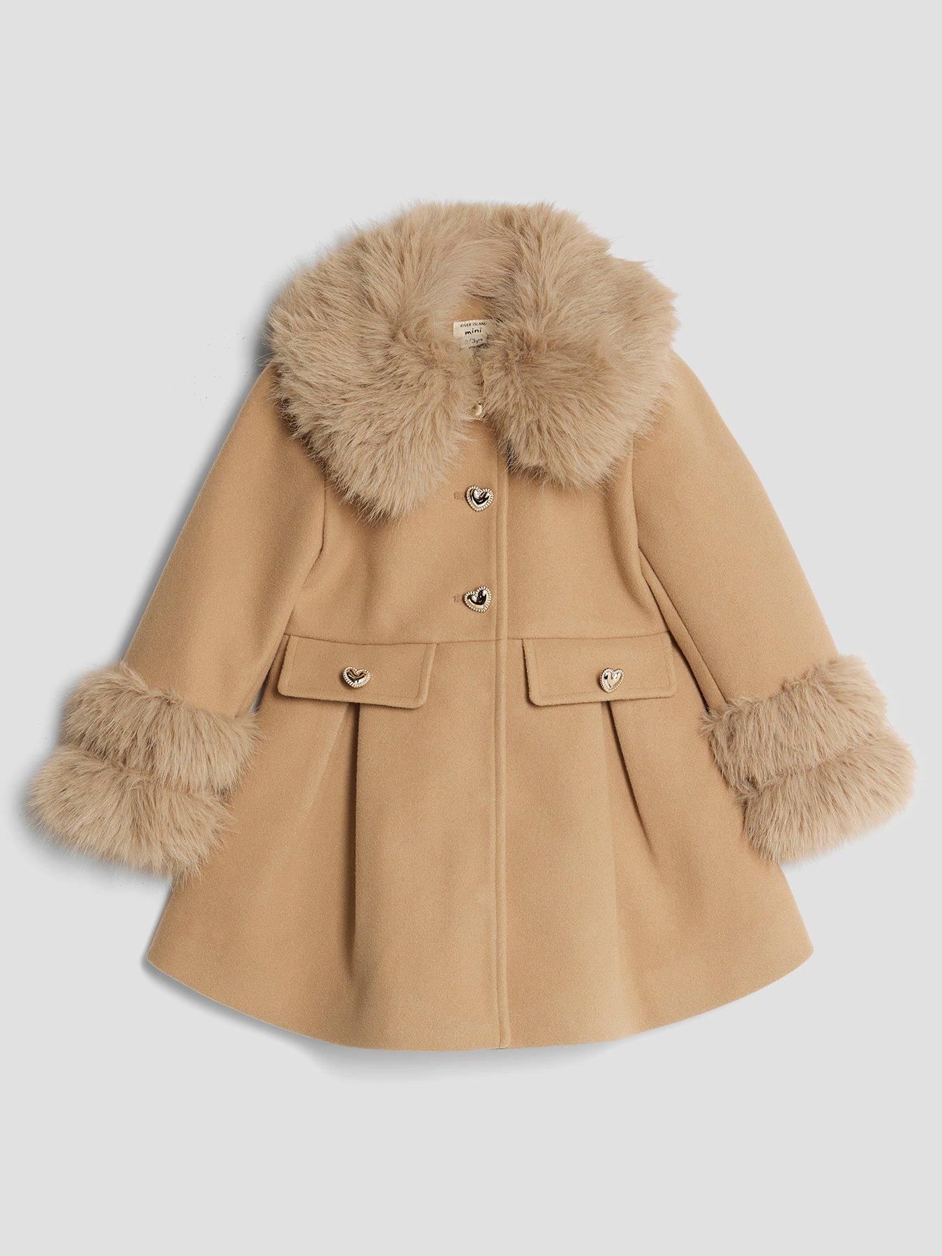 front image of river-island-mini-girls-longline-faux-fur-heart-coat-beige