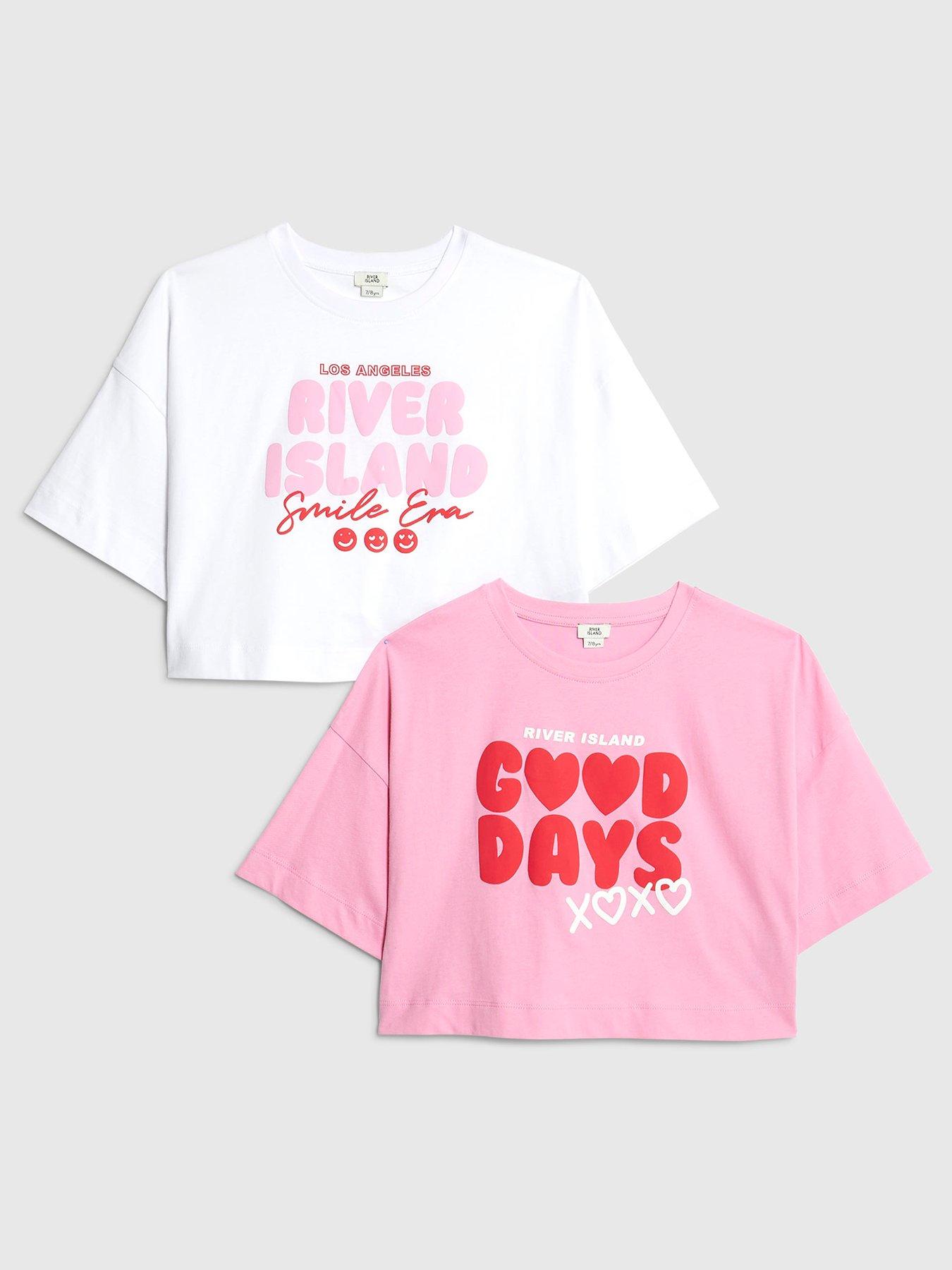 River Island Older Girls 2 Pack Graphic Crop Tops - White/Pink