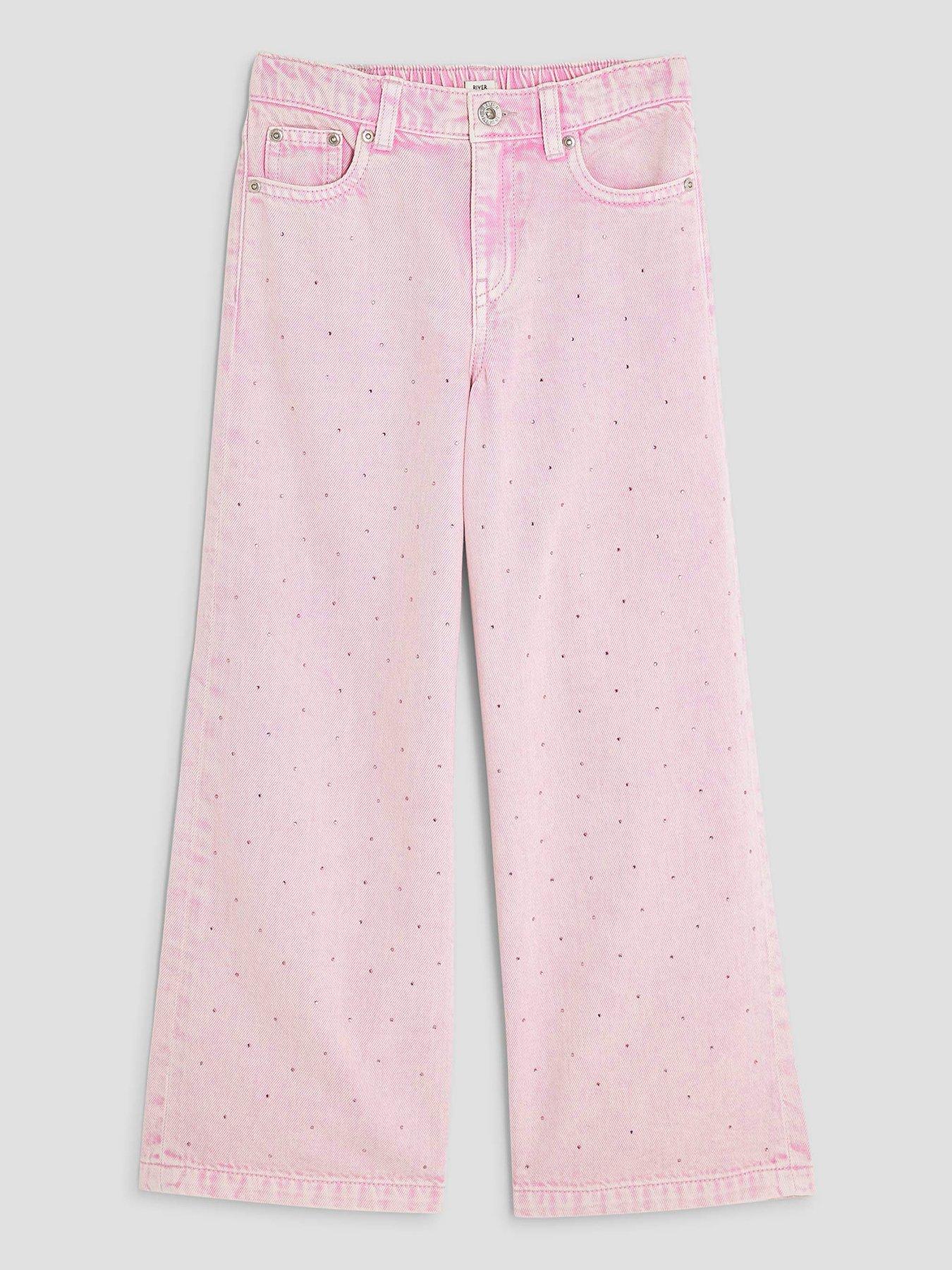River Island Older Girls Diamante Washed Wide Leg Jeans - Pink