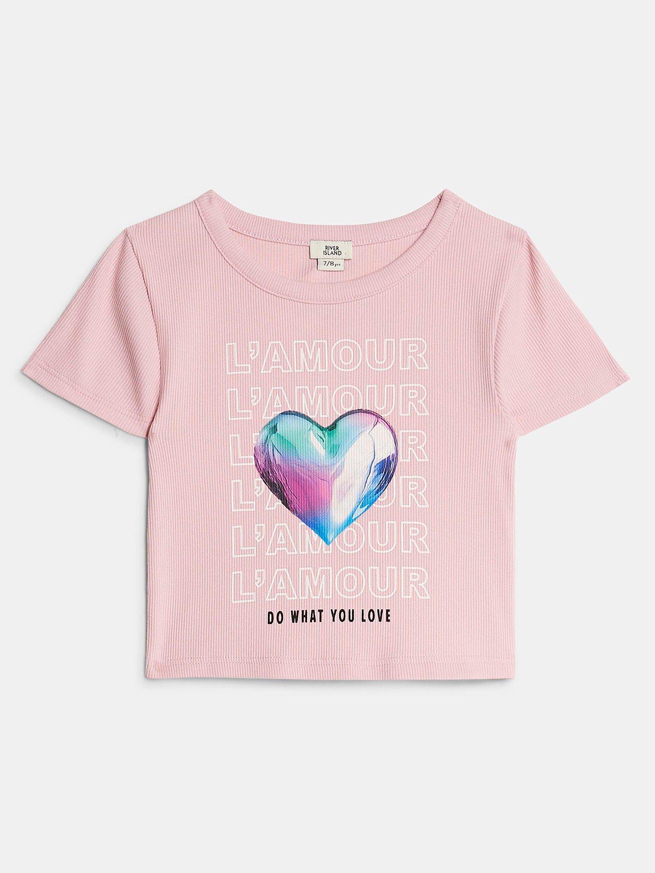 River Island Older Girls Lamour Heart Ribbed T-Shirt - Pink