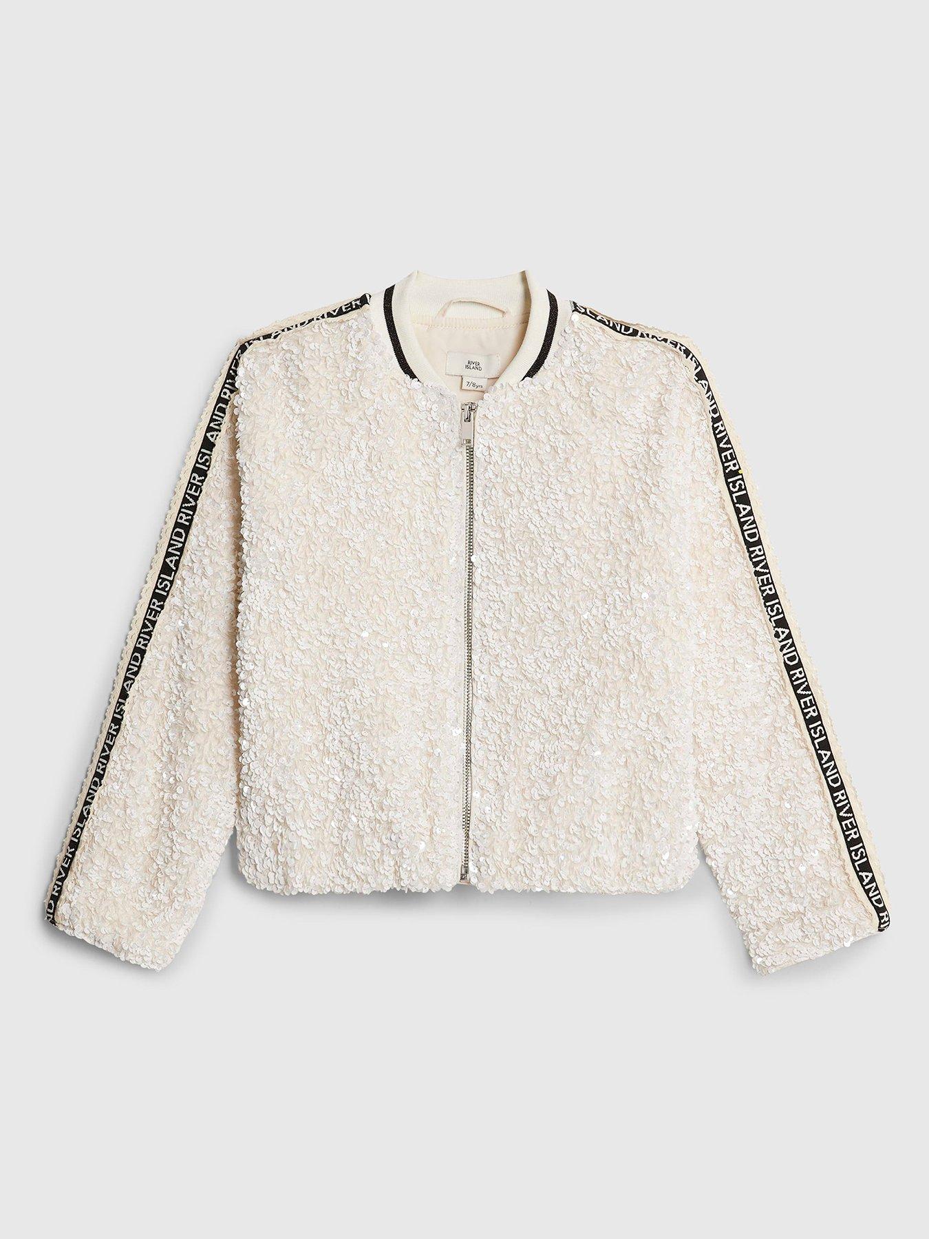 River Island Older Girls Sequin Bomber Jacket - Cream
