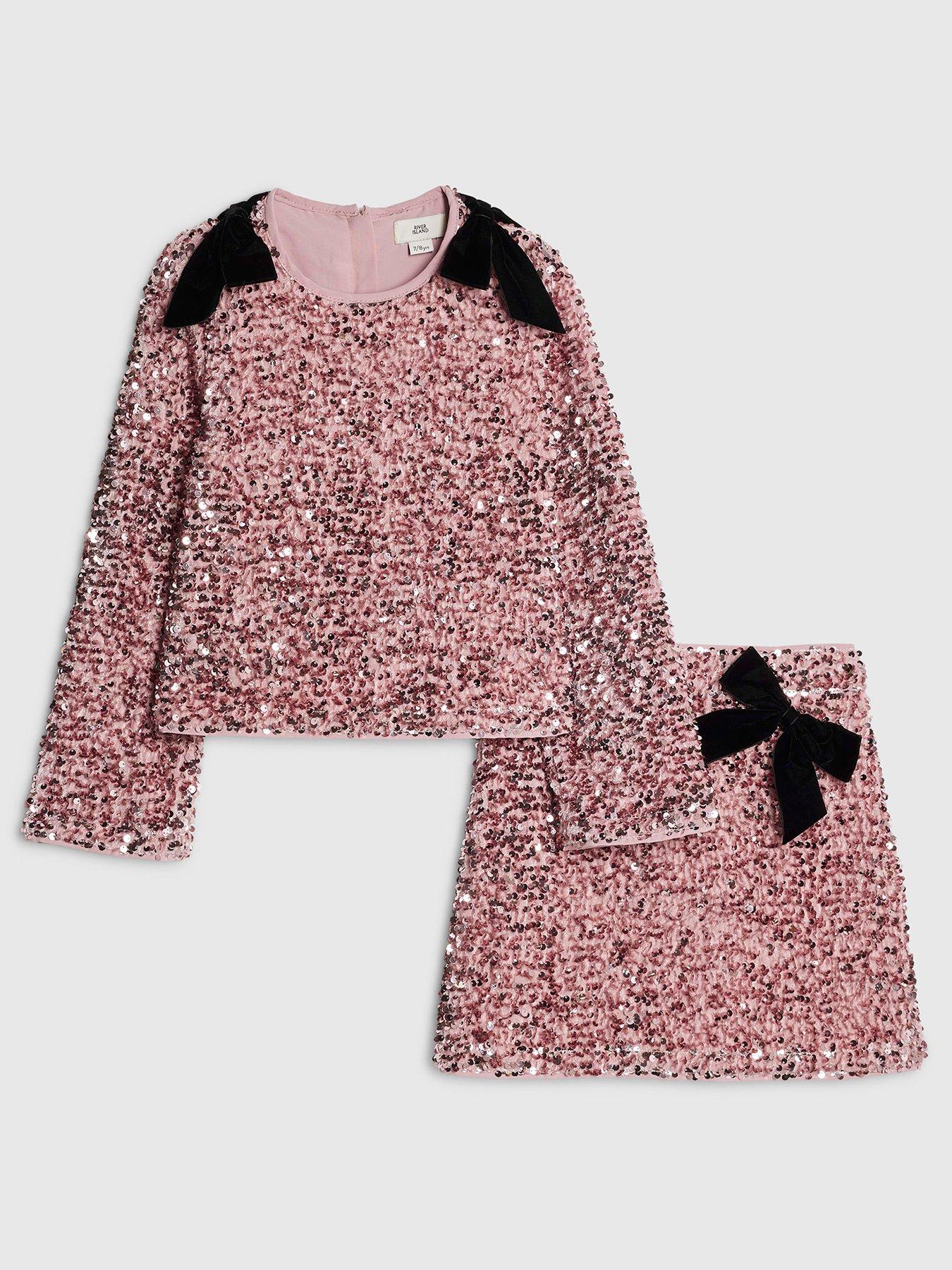 front image of river-island-older-girls-sequin-bow-long-sleeved-skirt-set-pink
