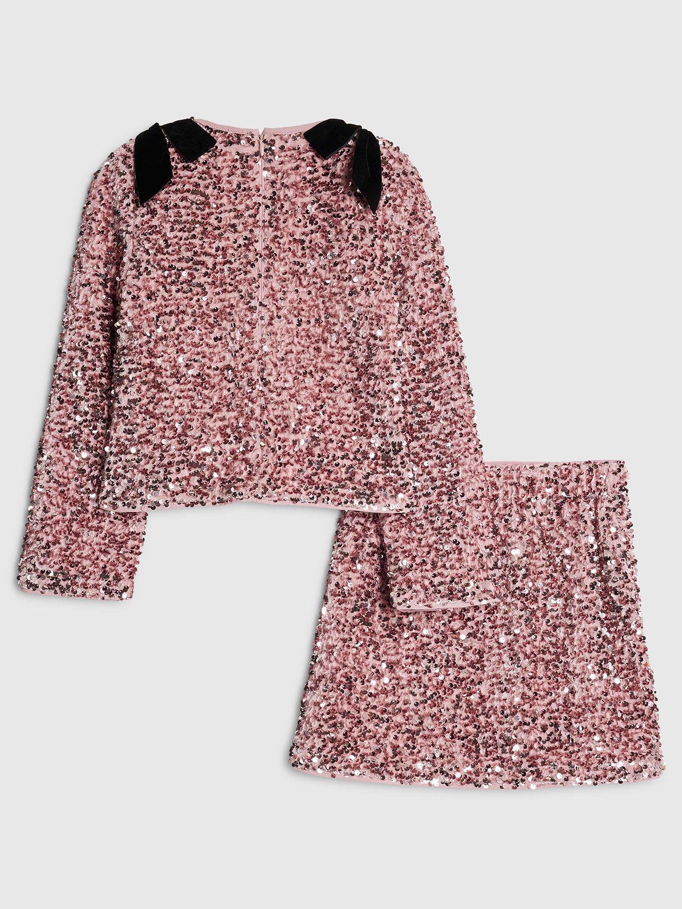  image of river-island-older-girls-sequin-bow-long-sleeved-skirt-set-pink