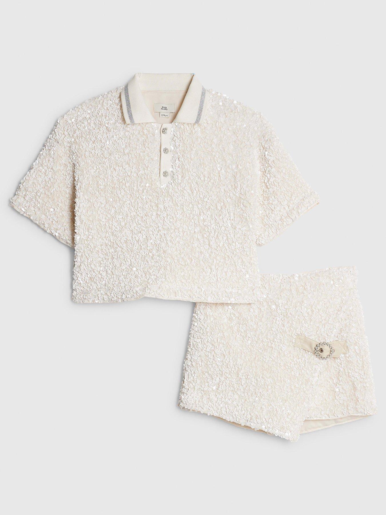 front image of river-island-older-girls-sequin-polo-top-and-skort-set-cream