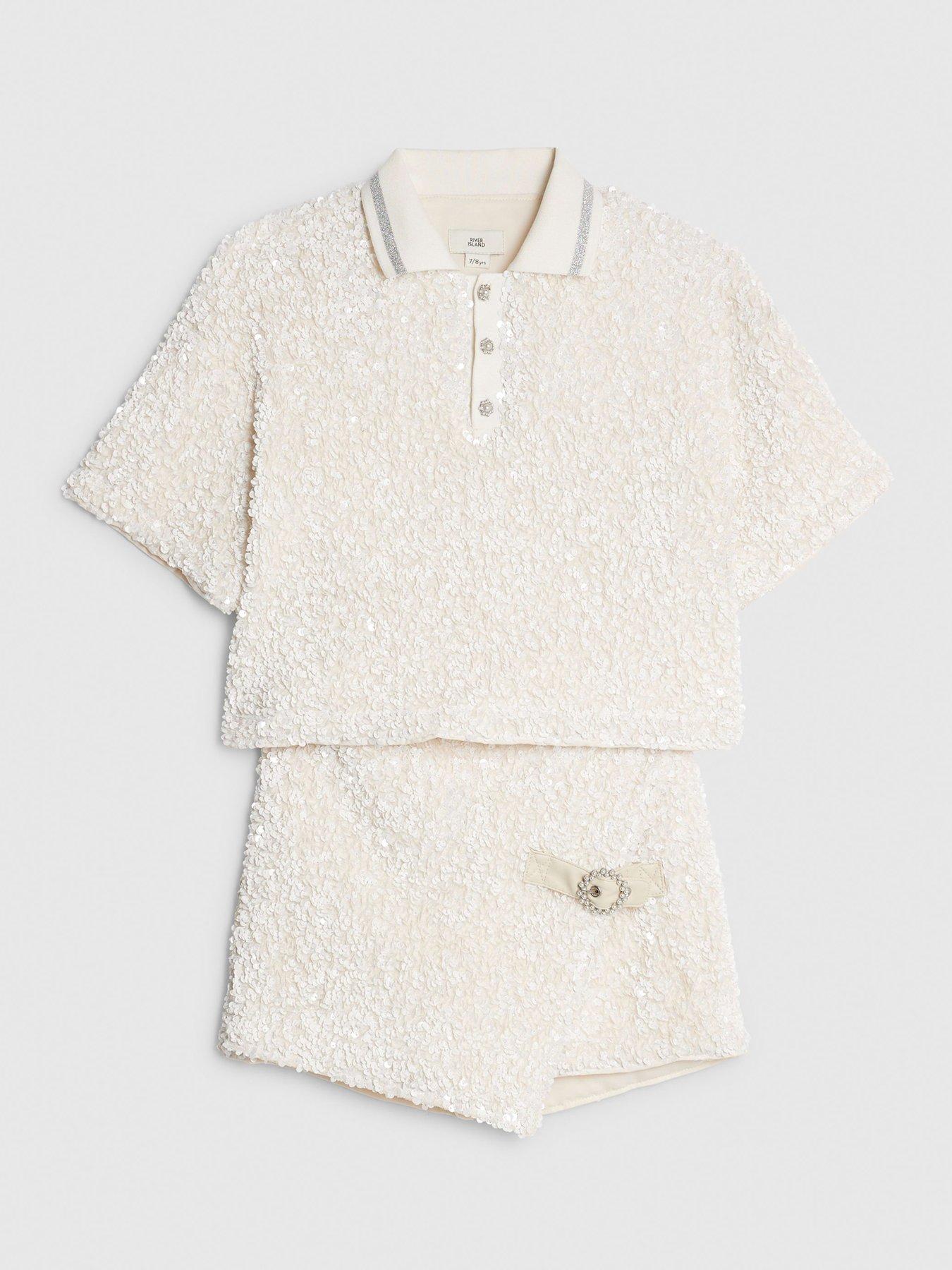  image of river-island-older-girls-sequin-polo-top-and-skort-set-cream