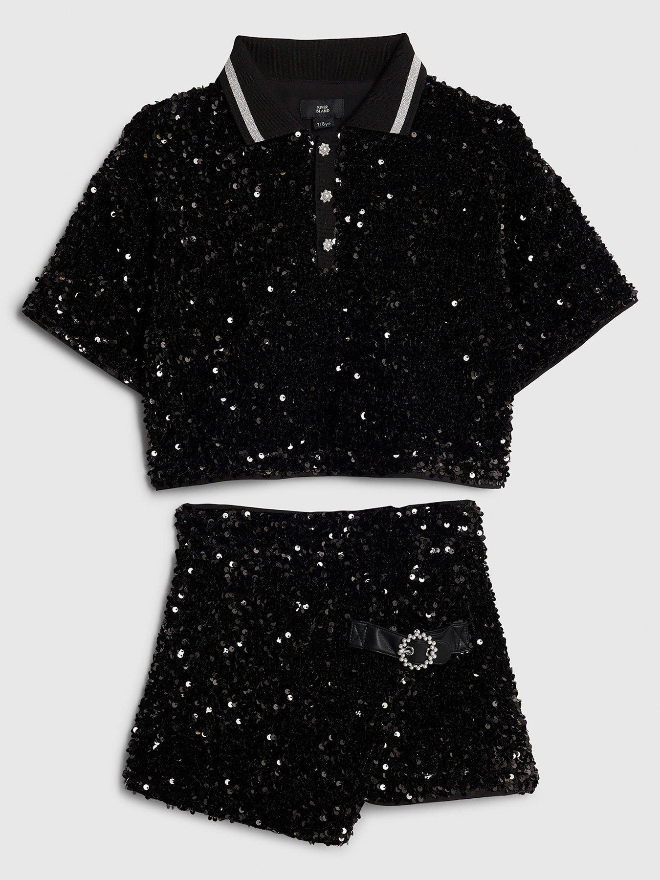 Image 1 of 4 of River Island Older Girls Sequin Polo Top And Skort Set - Black