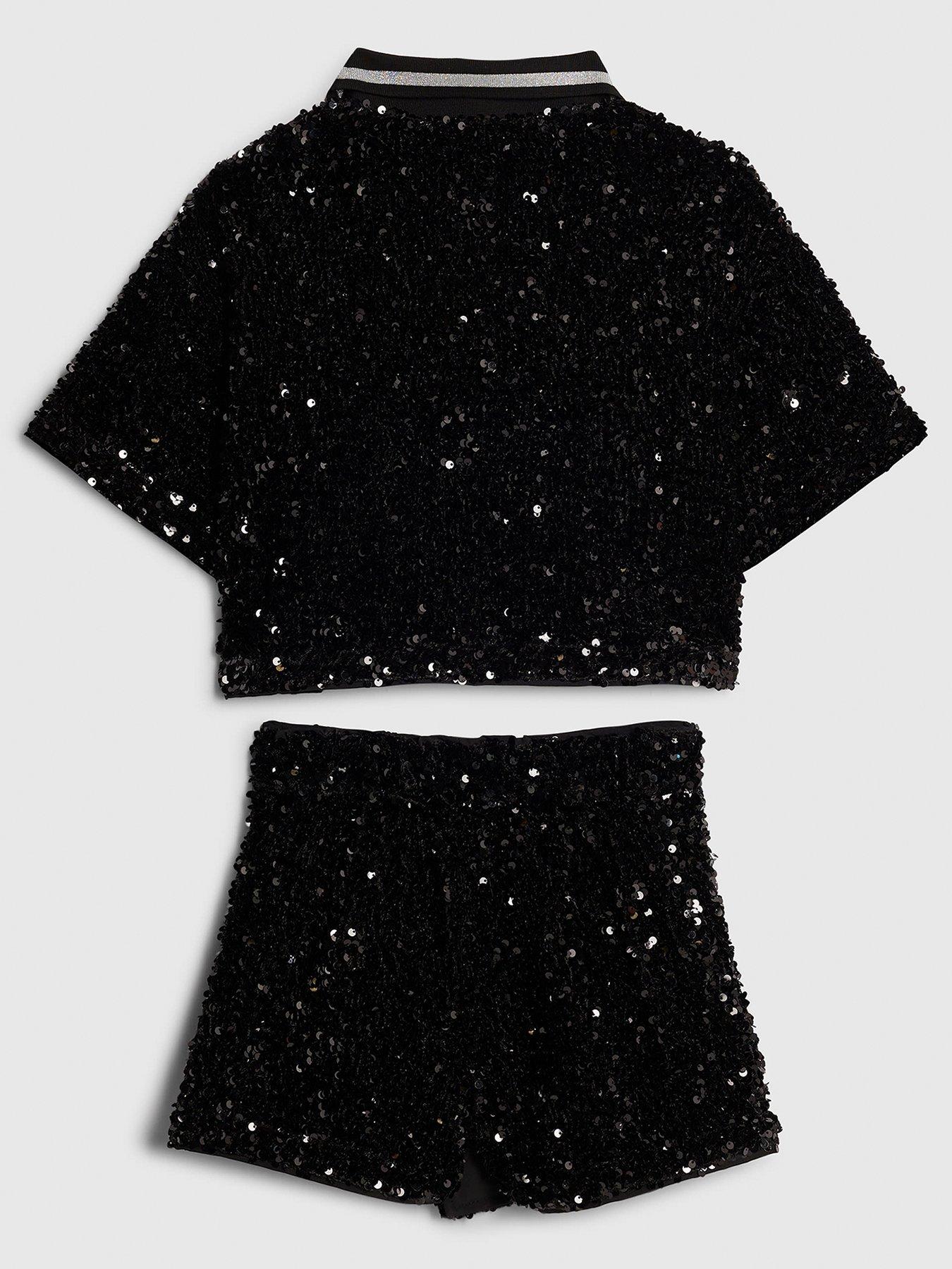 Image 2 of 4 of River Island Older Girls Sequin Polo Top And Skort Set - Black