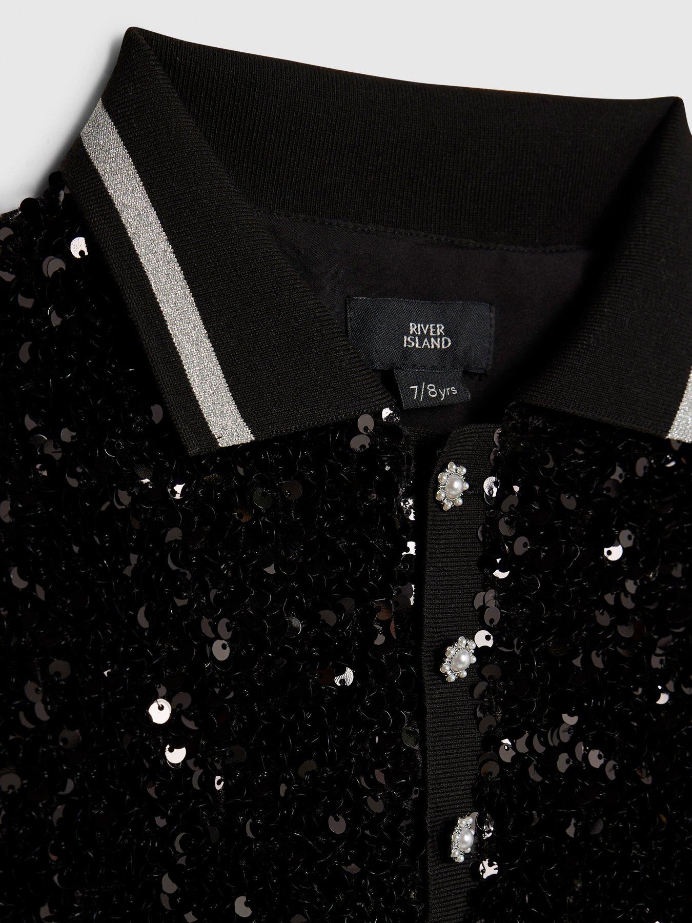 Image 3 of 4 of River Island Older Girls Sequin Polo Top And Skort Set - Black