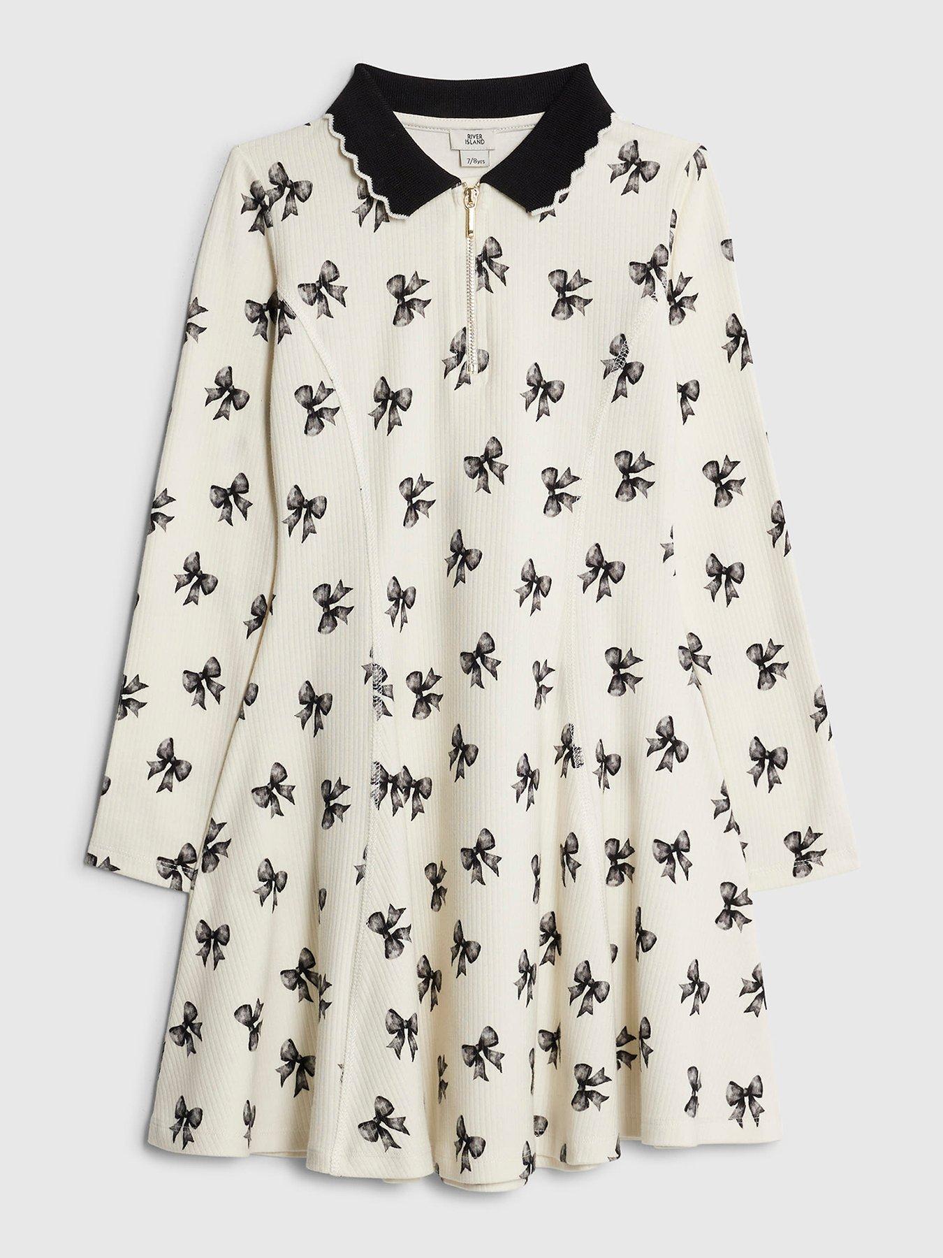 River Island Older Girls Bow Print Ribbed Polo Dress - Cream