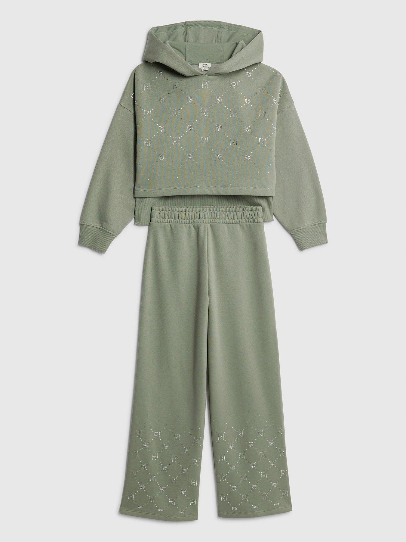 front image of river-island-older-girls-embellished-hoodie-set-green
