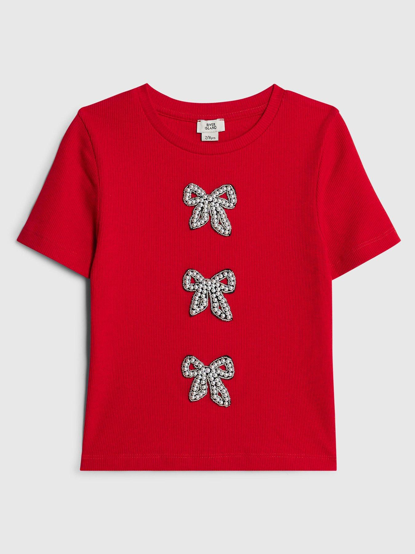  image of river-island-older-girls-ribbed-pearl-bow-t-shirt-red