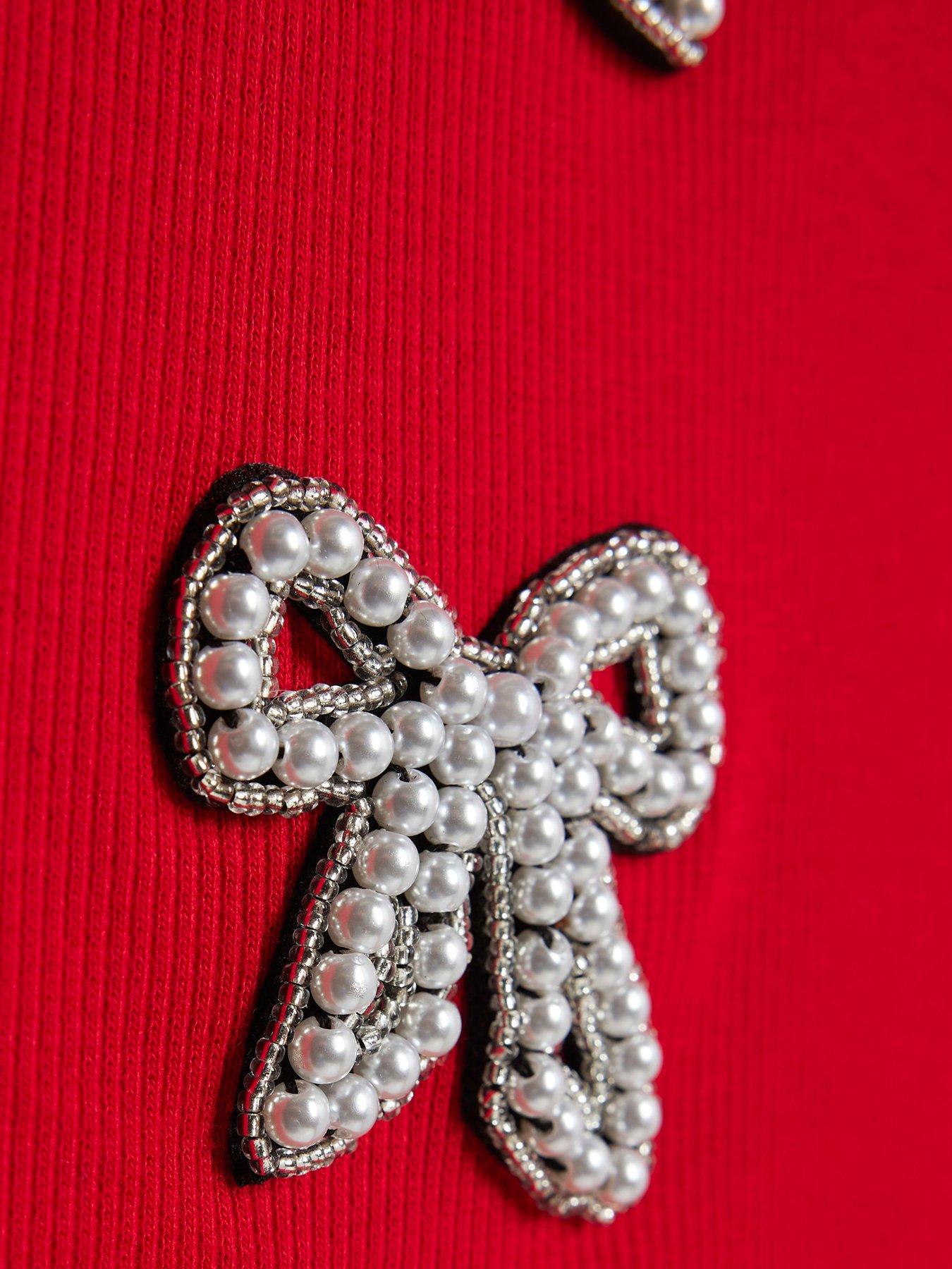  image of river-island-older-girls-ribbed-pearl-bow-t-shirt-red