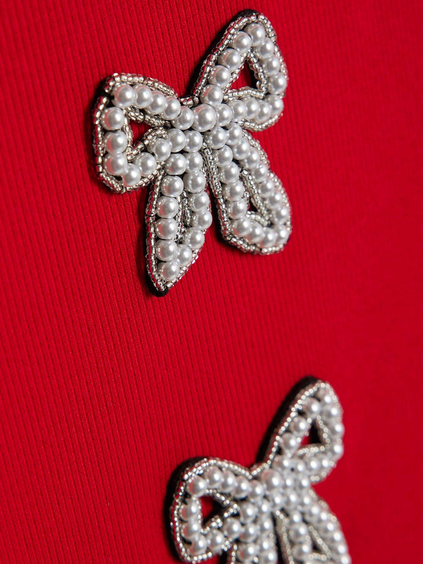  image of river-island-older-girls-ribbed-pearl-bow-t-shirt-red