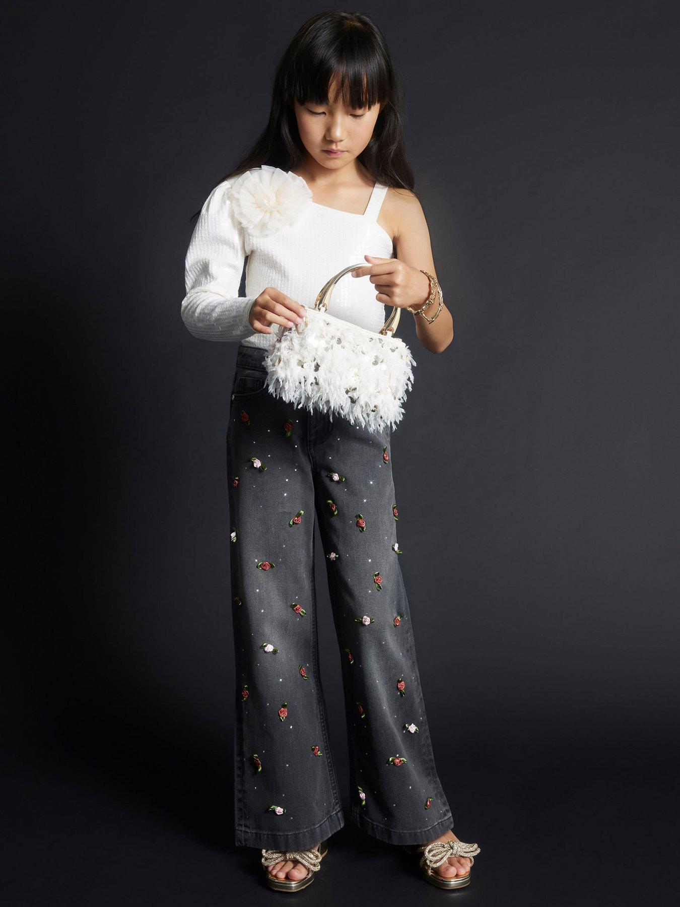 Image 1 of 4 of River Island Older Girls Rose Wide Leg Jeans - Black