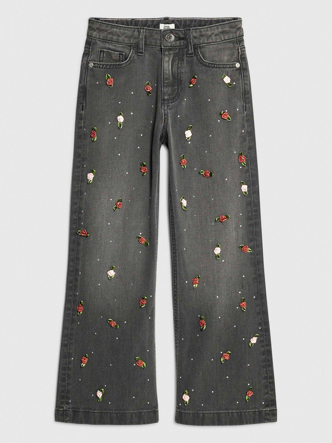 Image 2 of 4 of River Island Older Girls Rose Wide Leg Jeans - Black