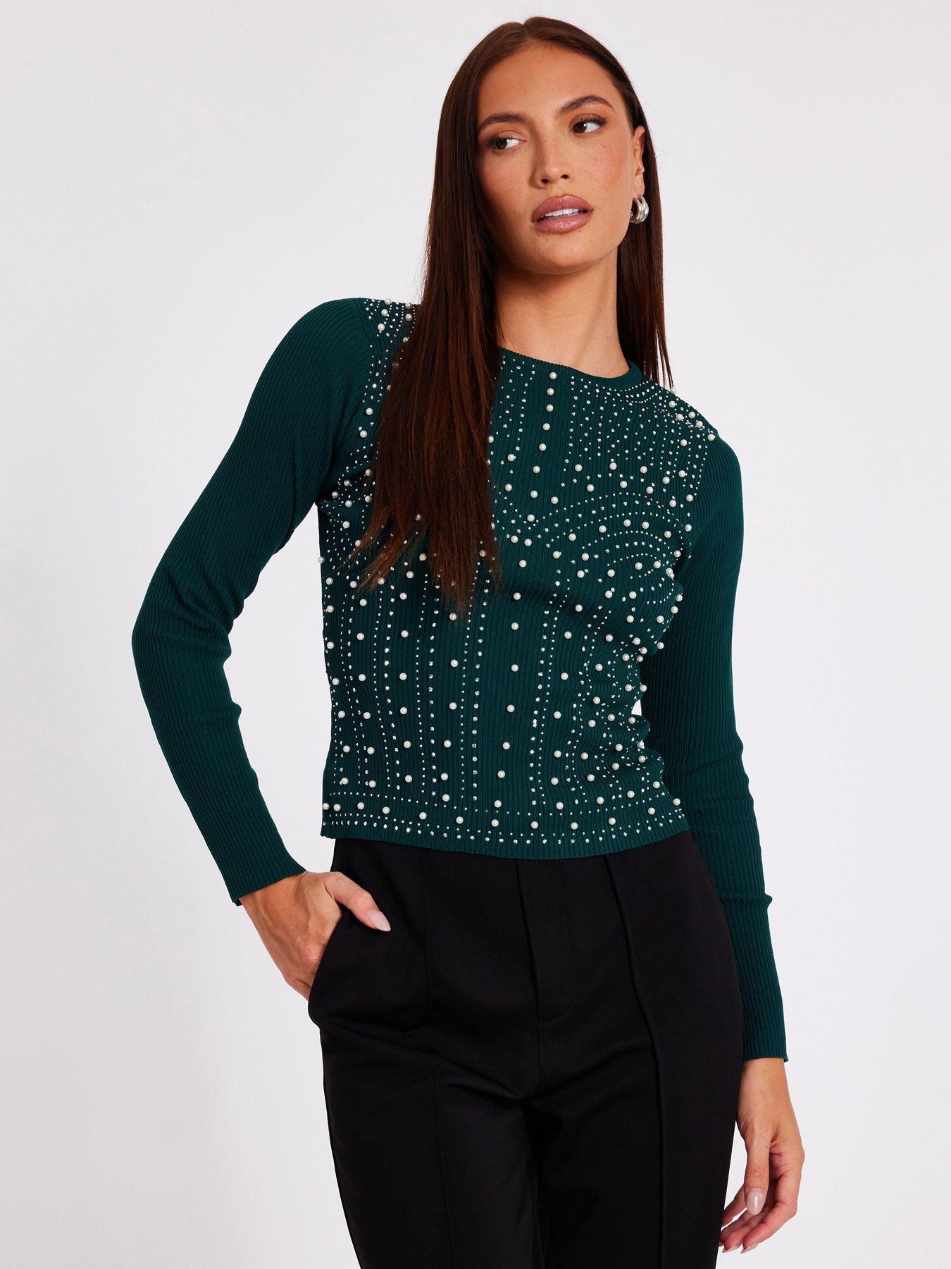 Quiz Green Embellished Long Sleeve Top