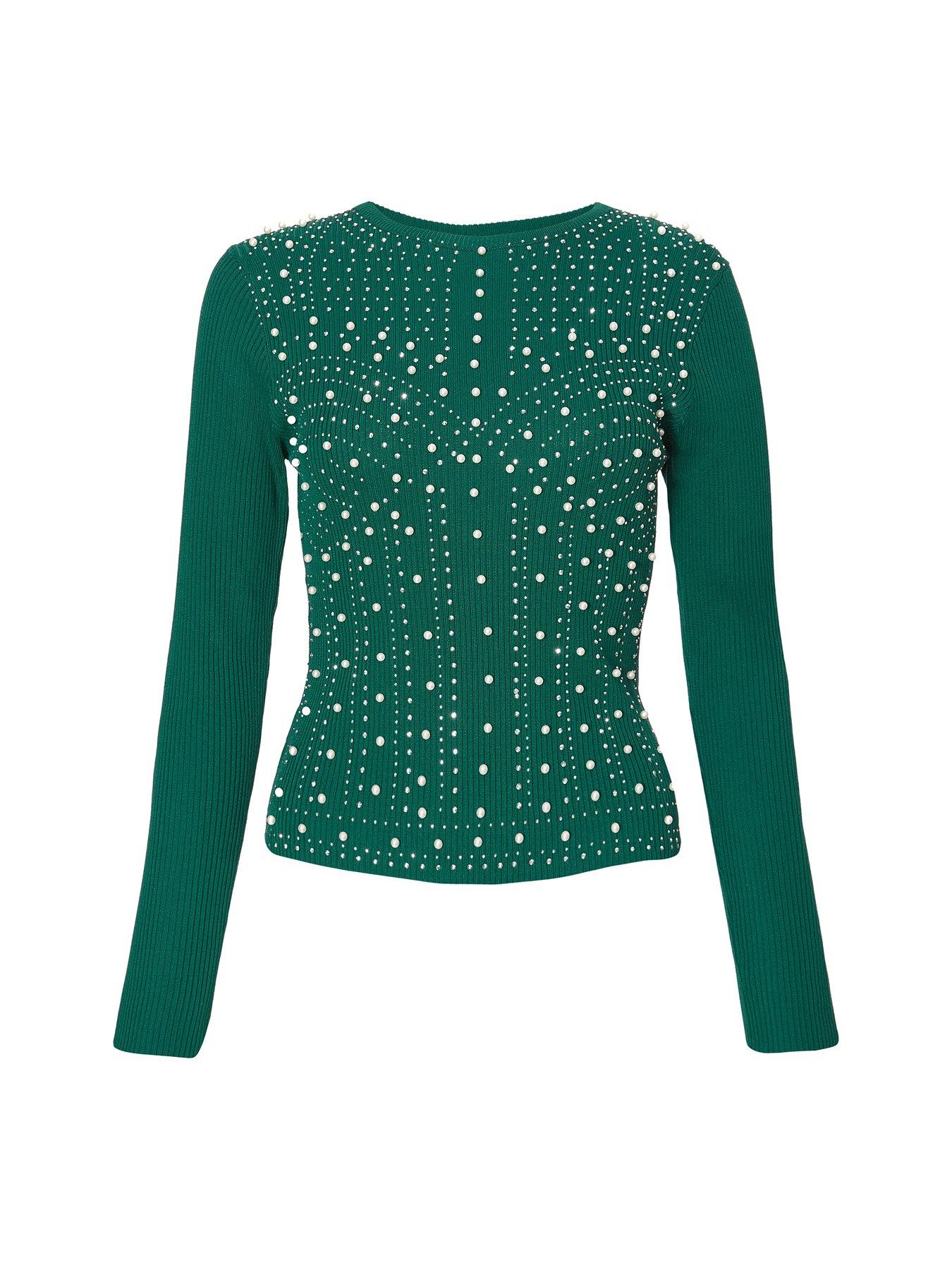  image of quiz-green-embellished-long-sleeve-top