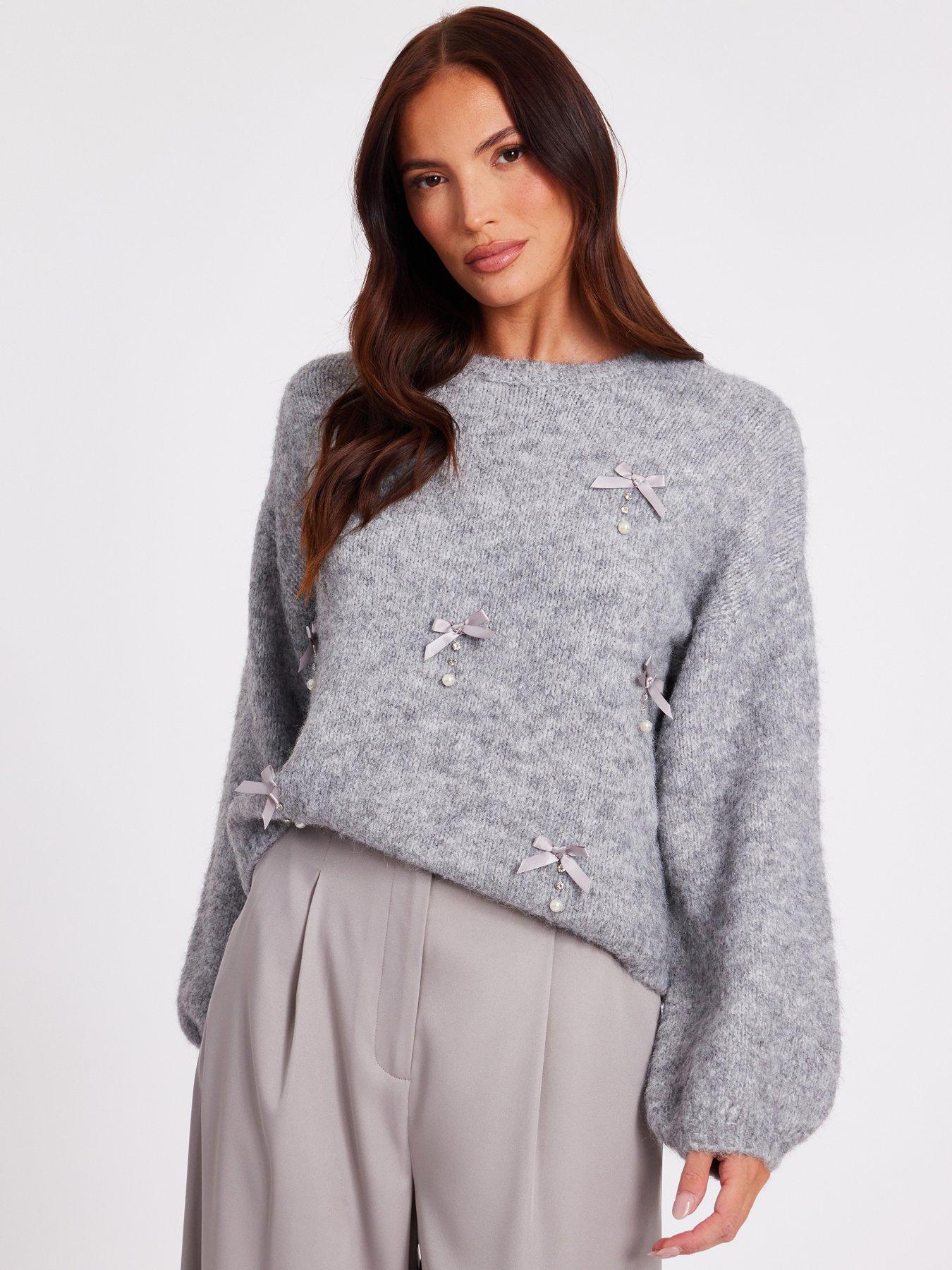 Quiz Grey Knitted Pearl Bow Jumper