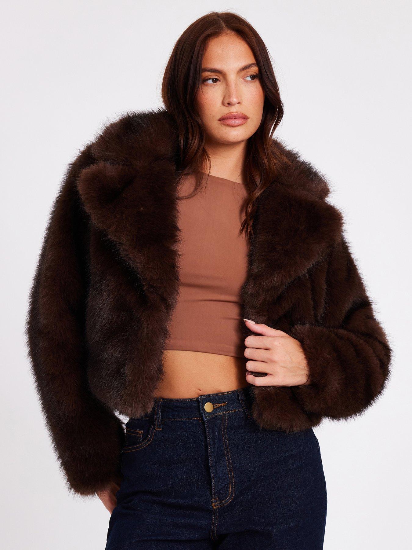 Quiz Brown Faux Fur Cropped Jacket