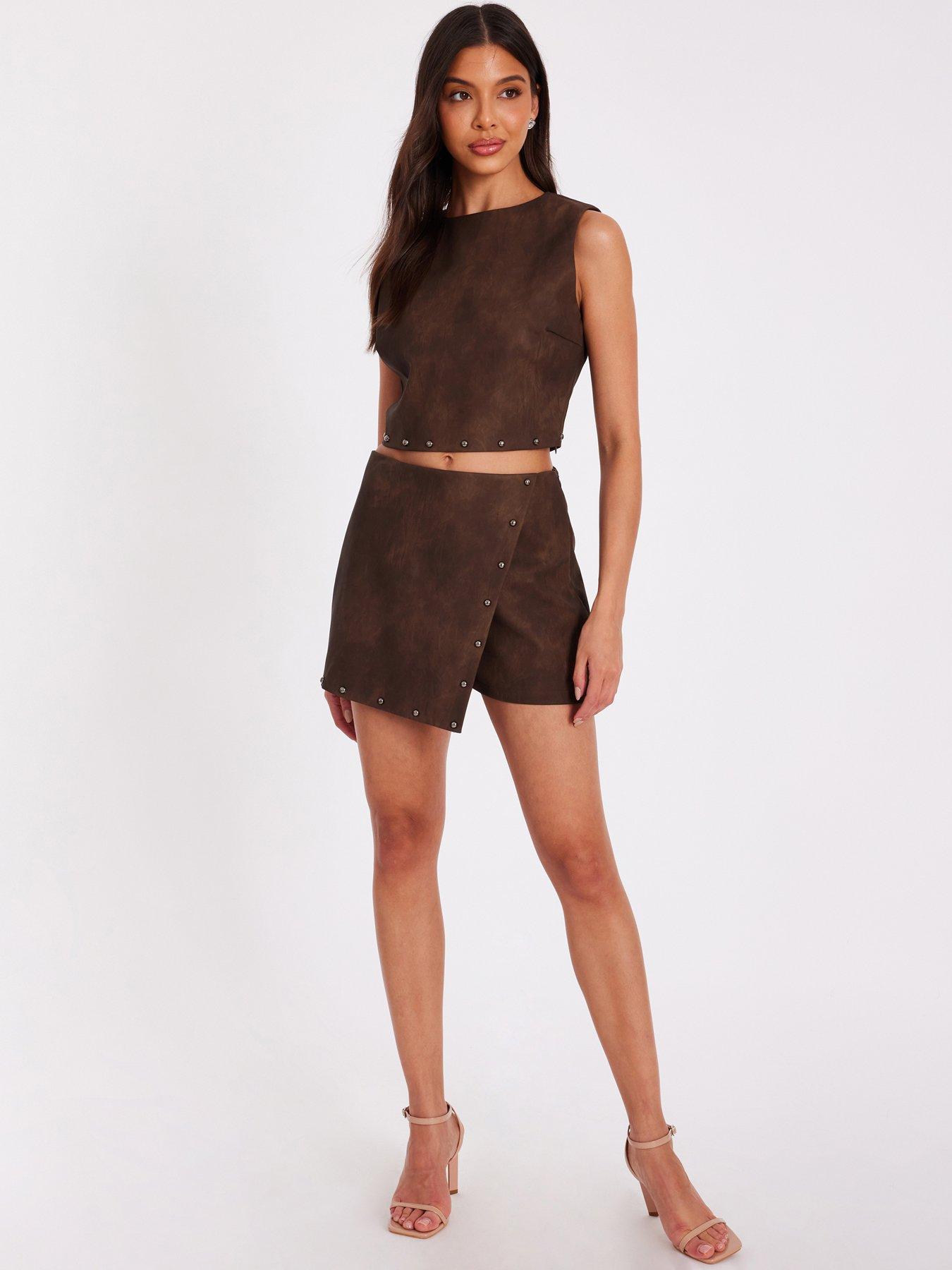 quiz-brown-studded-faux-leather-skort