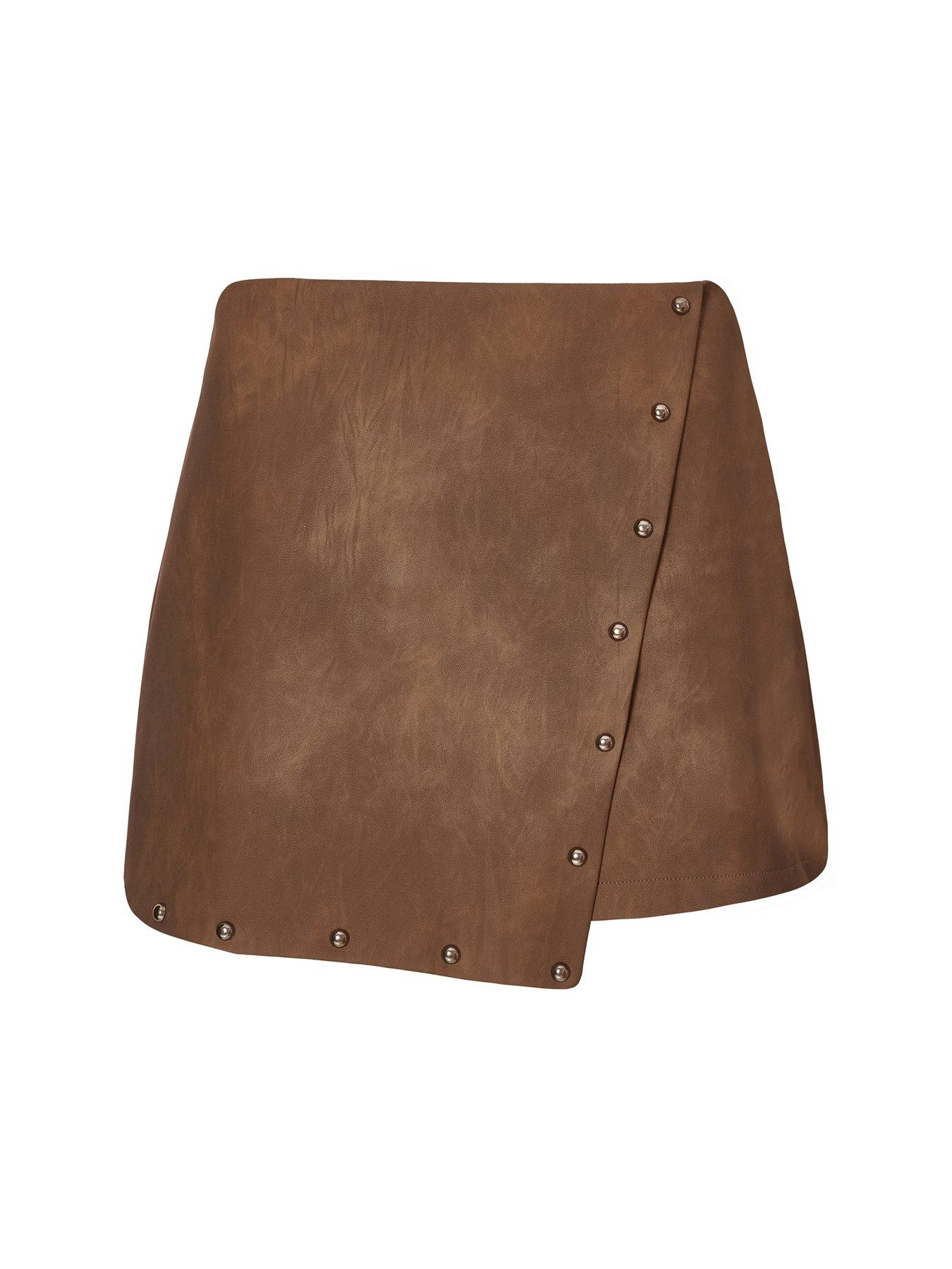  image of quiz-brown-studded-faux-leather-skort