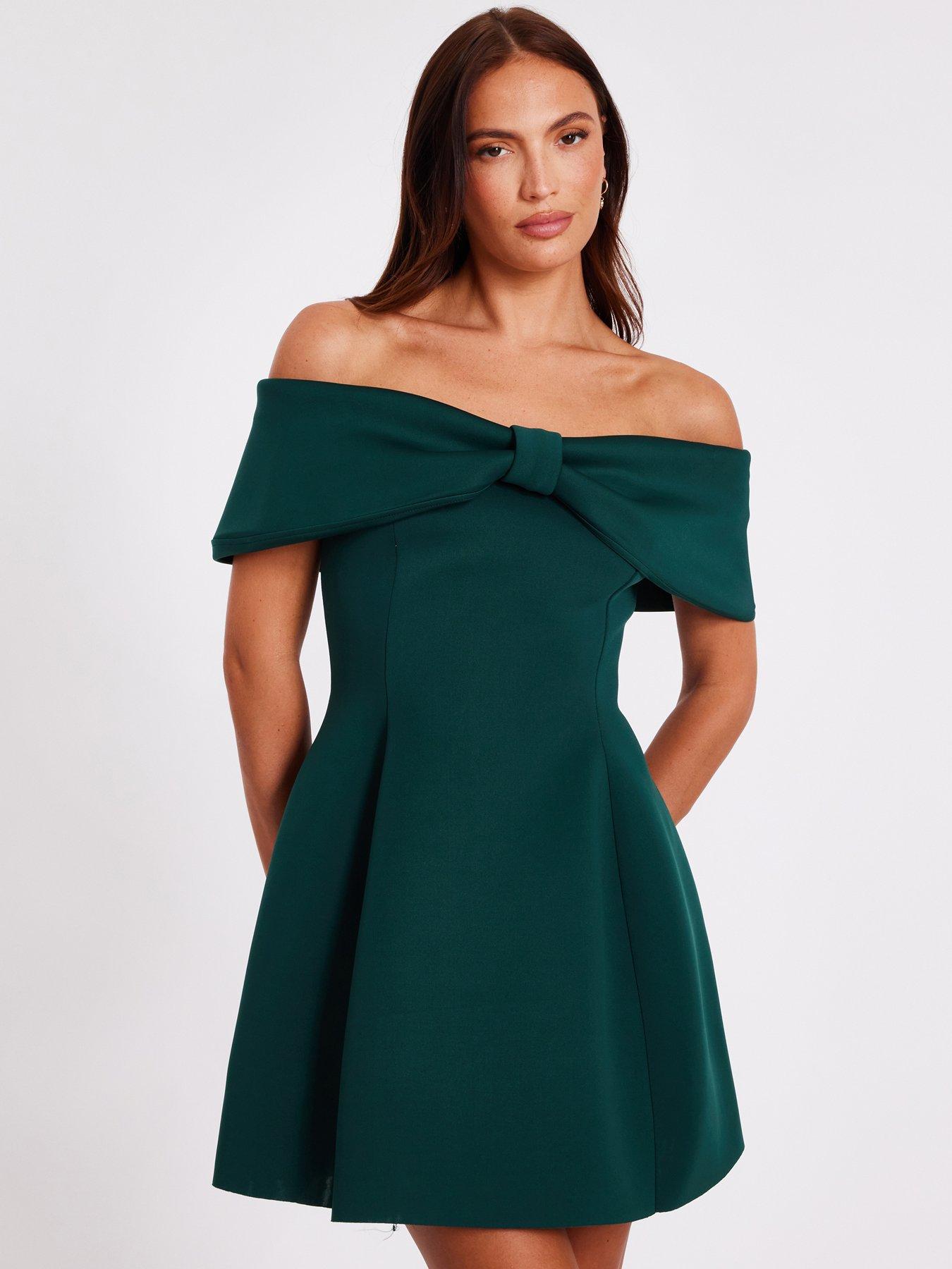 Quiz Bottle Green Bardot Bow Skater Dress