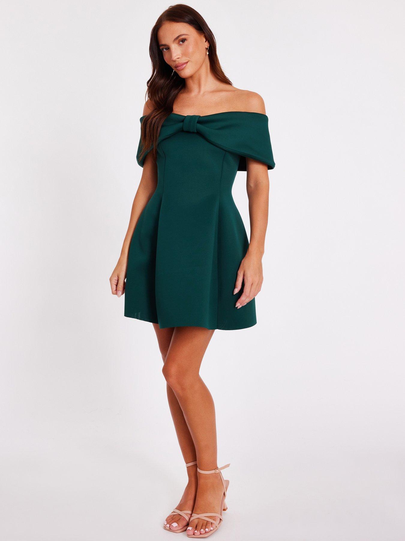 Image 3 of 6 of Quiz Bottle Green Bardot Bow Skater Dress