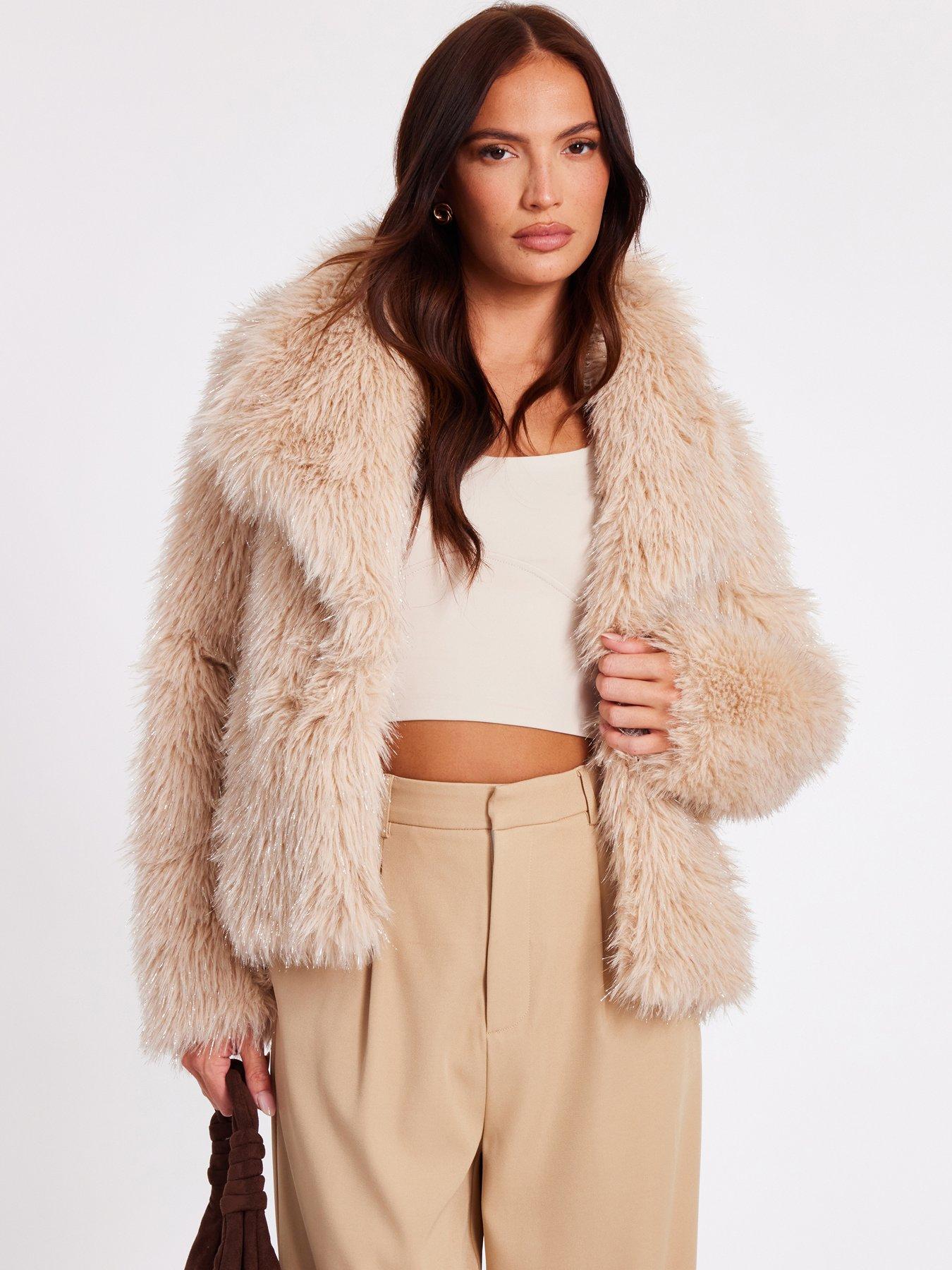 Quiz Stone Faux Fur Cropped Jacket