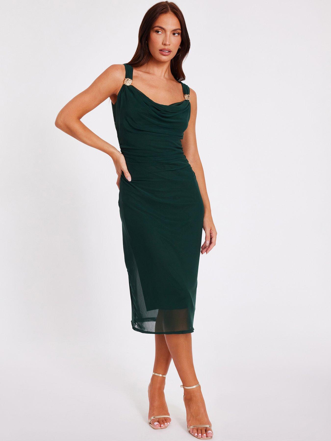 Quiz Bottle Green Mesh Buckle Detail Midi Dress