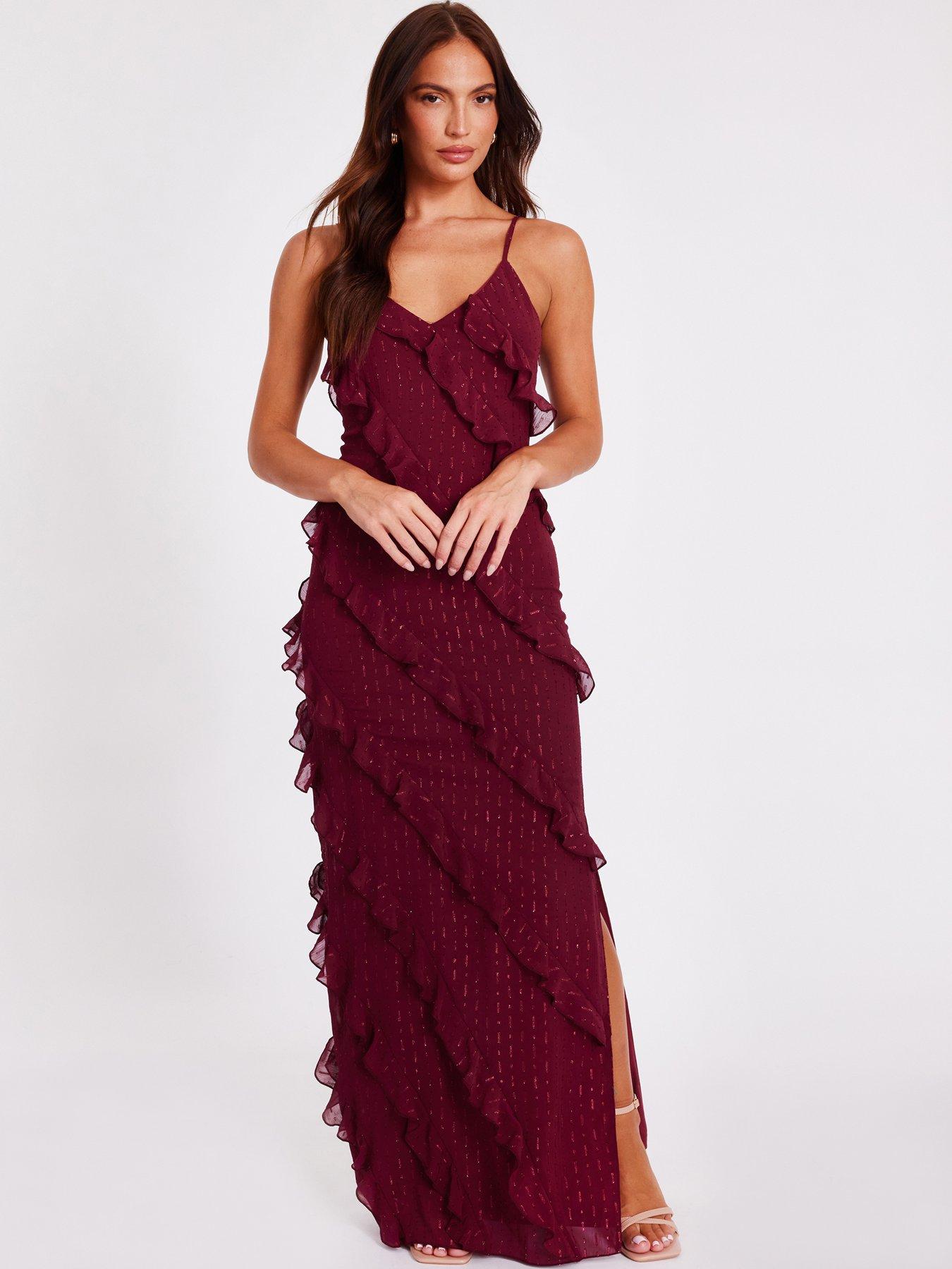 Quiz Dark Red Chiffon Ruffle Midaxi Dress