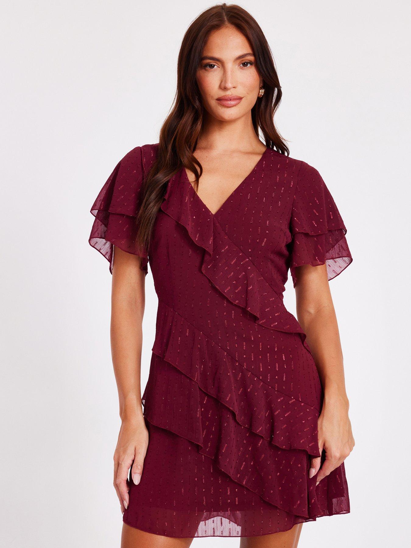 Quiz Dark Red Chiffon Ruffle Mini Dress