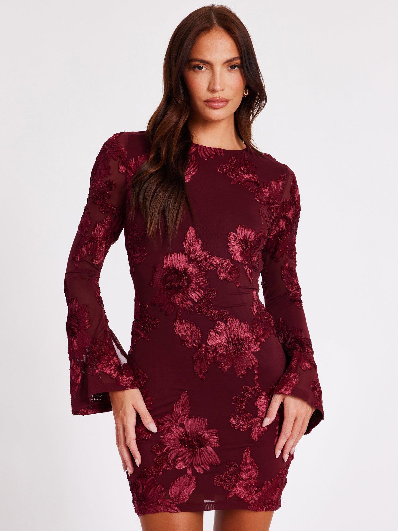 Quiz Dark Red Floral Applique Mini Dress