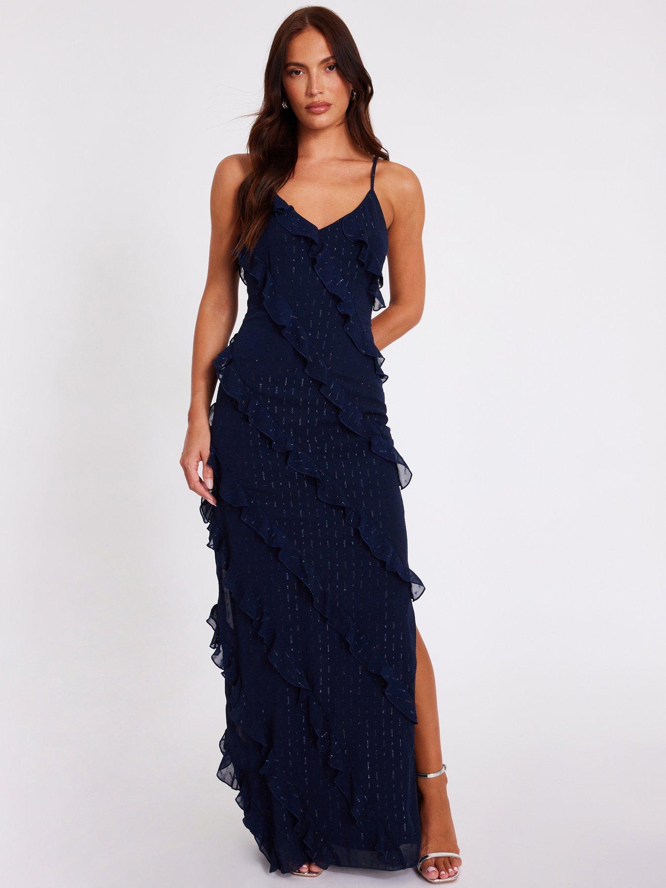 Quiz Navy Chiffon Ruffle Midaxi Dress
