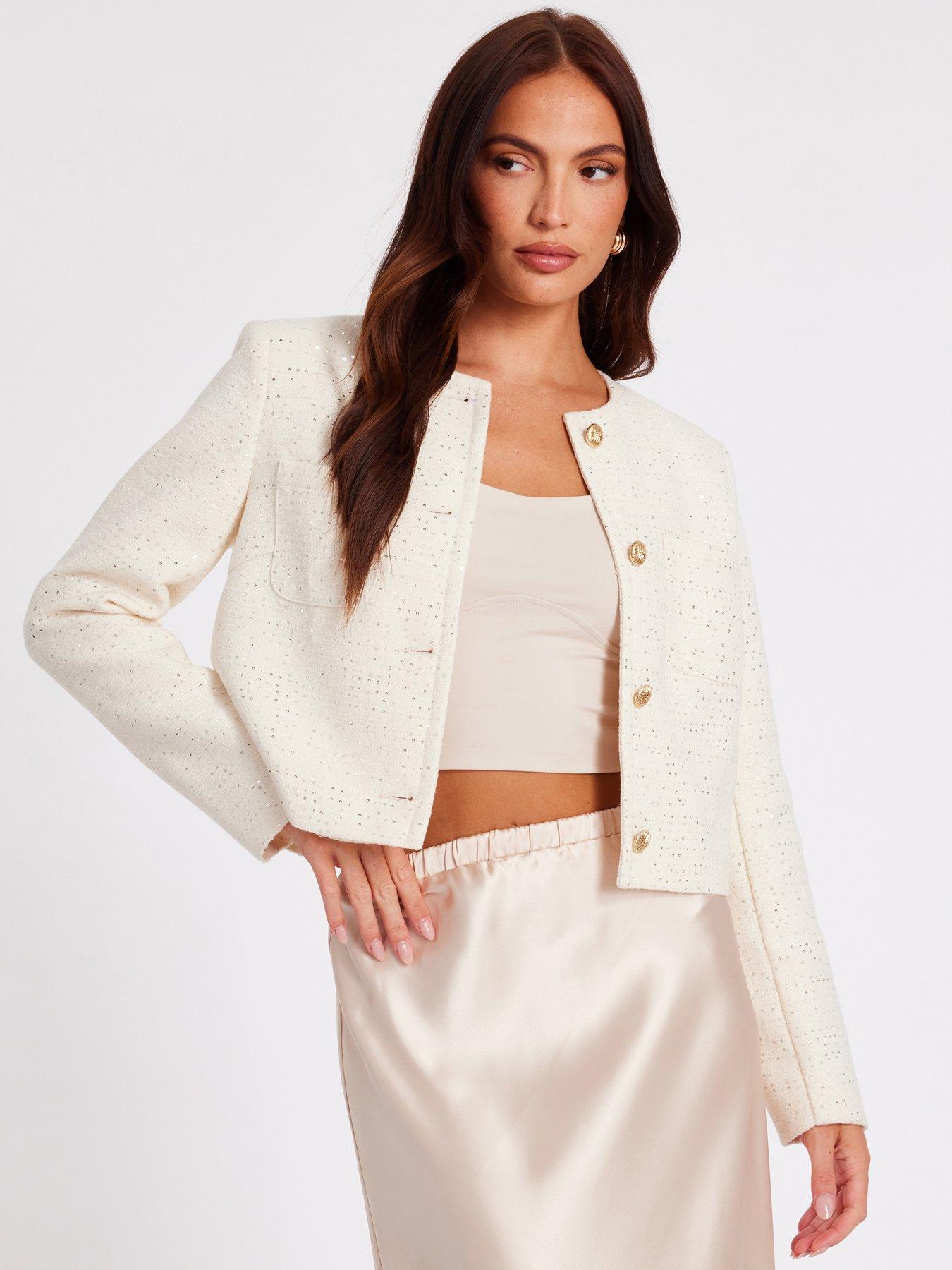 Quiz Cream Boucle Sequin Cropped Jacket