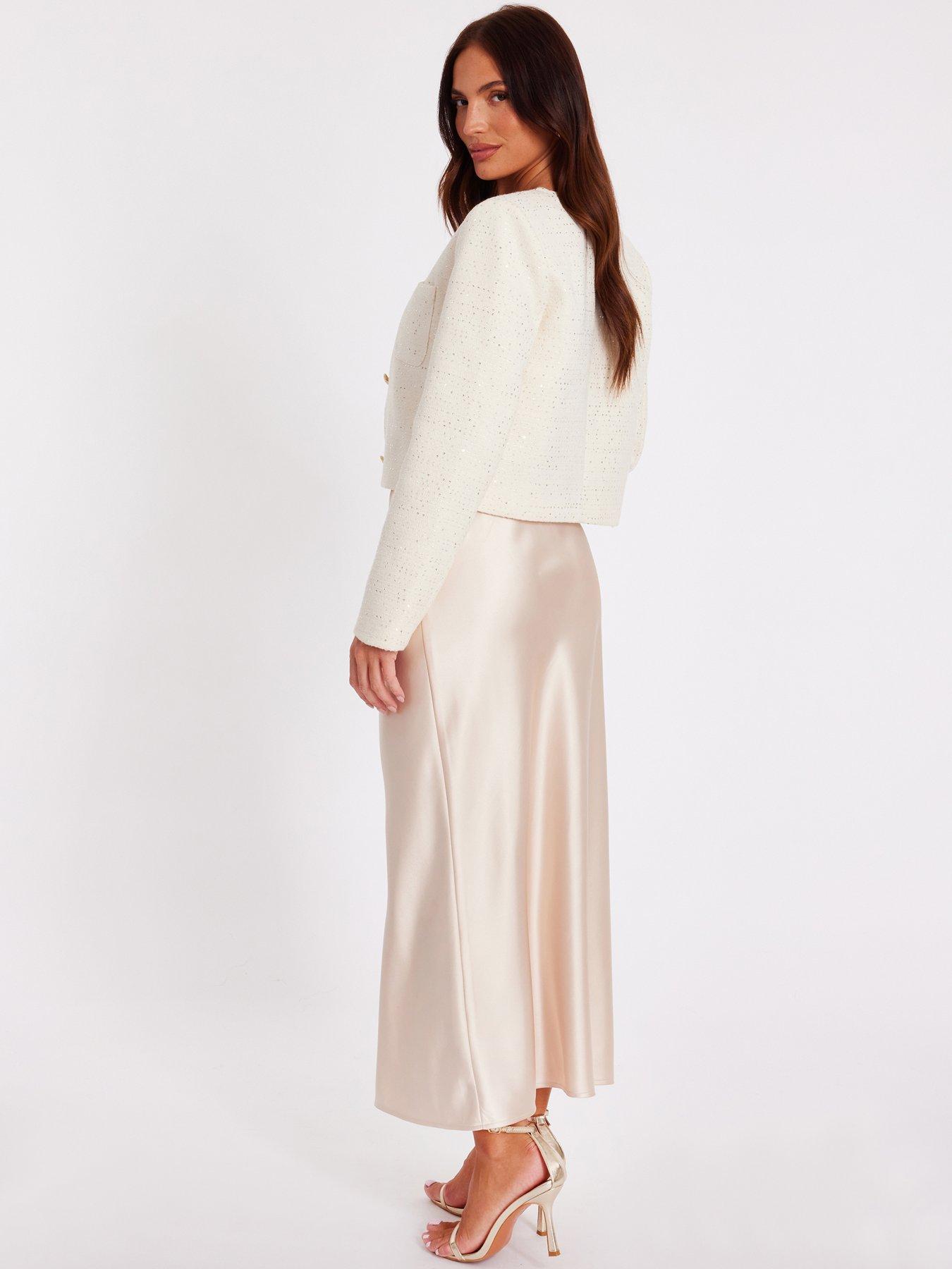 Image 2 of 6 of Quiz Cream Boucle Sequin Cropped Jacket