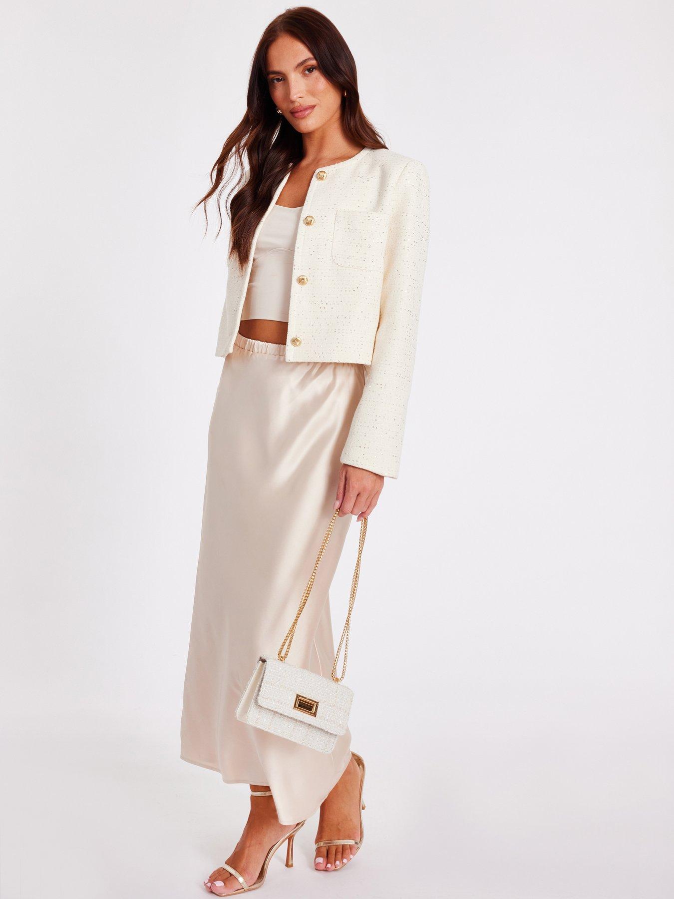 Image 3 of 6 of Quiz Cream Boucle Sequin Cropped Jacket